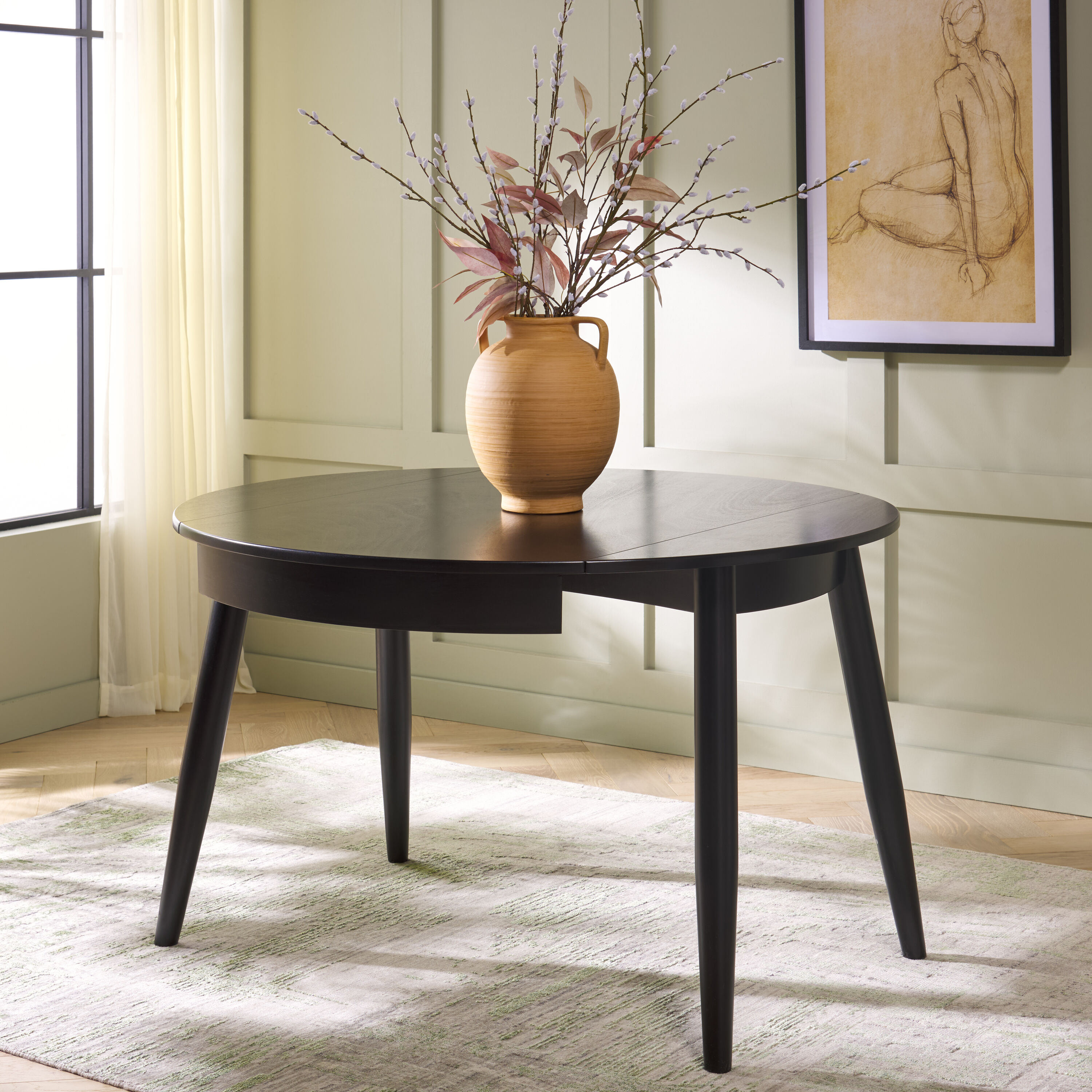 Safavieh DTB1407B Black Round Contemporary/Modern Self-storing leaf Dining Table, Wood with Nc Coating Wood 47.3-in L x 29.1-in H