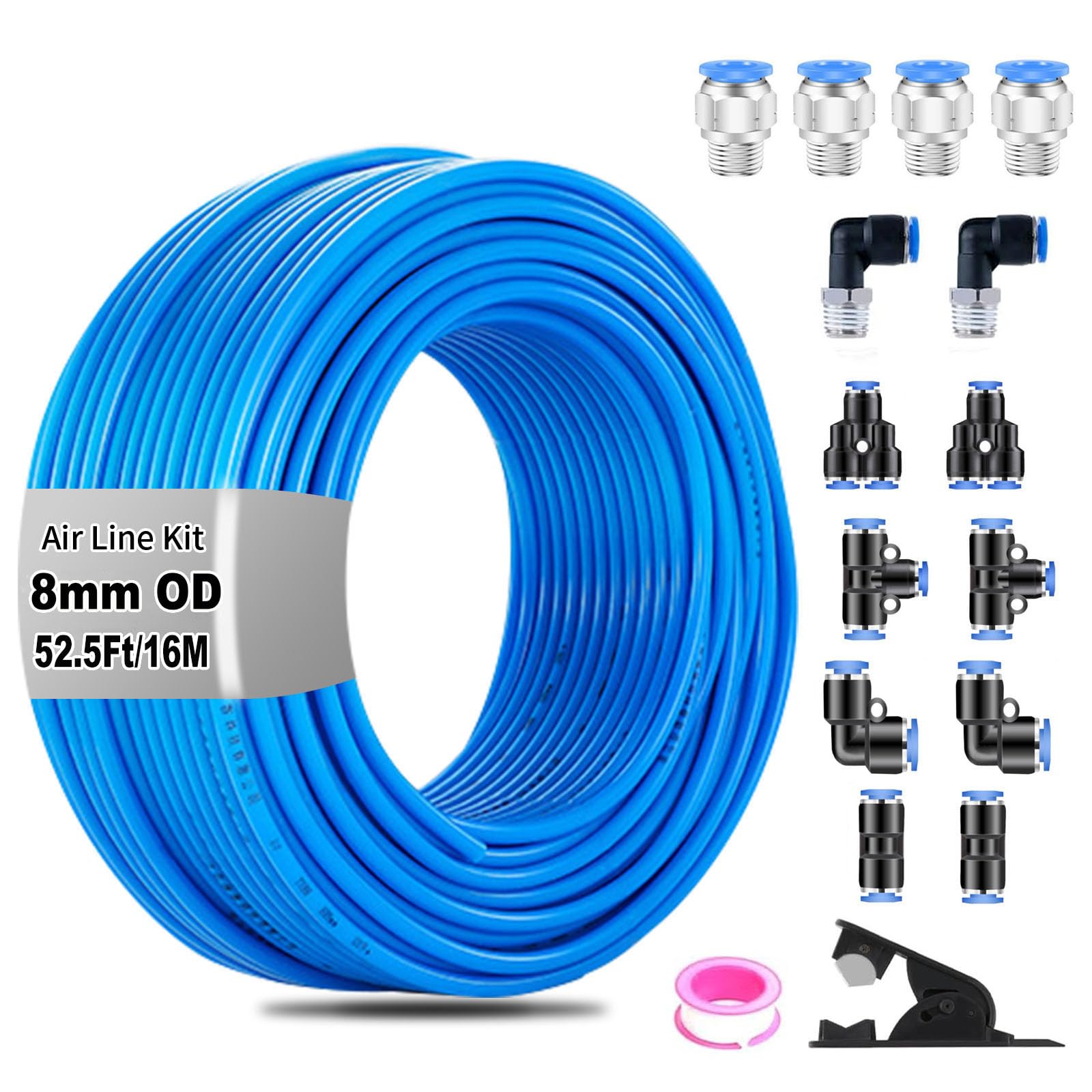 Justincity  8mm Air Line Kit 8mm OD by Fifty Two Point Five Feet Blue Air Hose Tubing with Fifteen Piece Compressed Air Line Accessory Push to