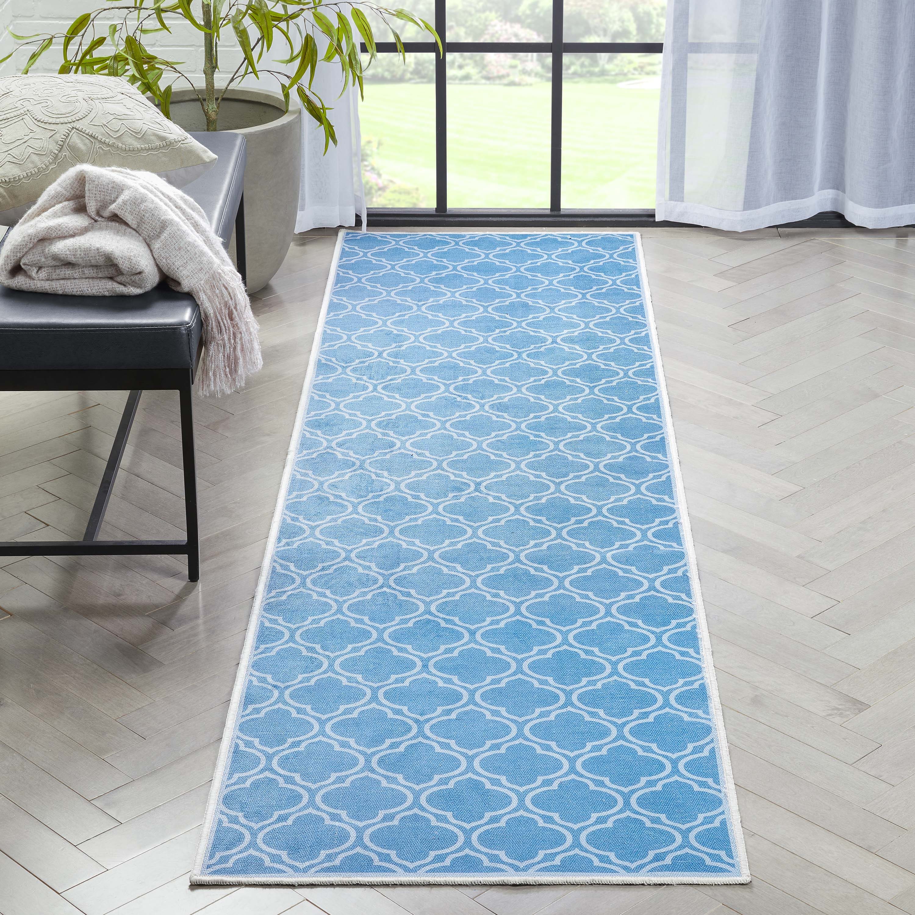 Blue and Gray Vinyl Floor Mat. Kilim Vinyl Area Rug Printed to 