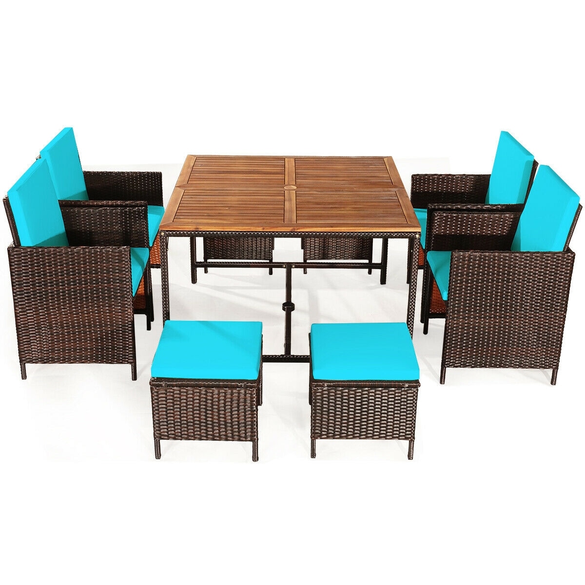Slickblue D-CO-+UT47607WH 9-Piece Rattan Patio Dining Set - Acacia Wood Square Table with 4 Cushioned Chairs and 4 Ottomans – Outdoor Patio Garden and Backyard – 4 Colors