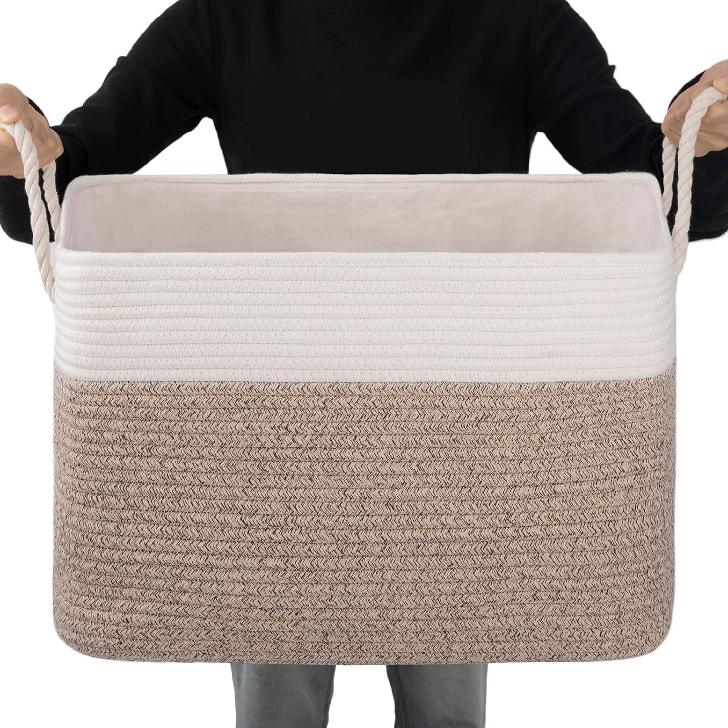 OIAHOMY Storage Basket for Organizing Blanket Storage With Drawstring Collapsible Storage Bin With Liner Basket for Shelves Blanket Basket Living Room Brown White #B0CLG47MFT