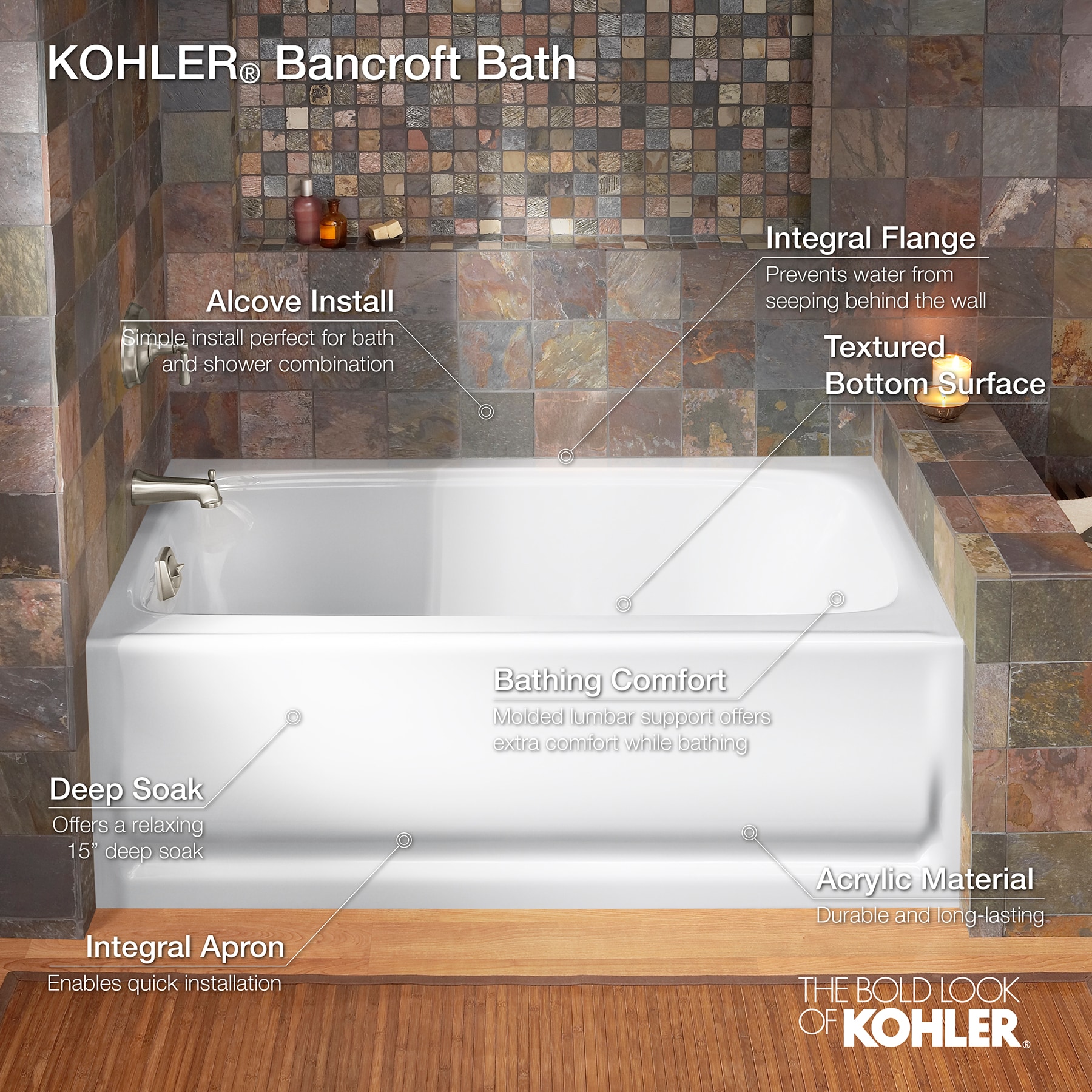 Bancroft 60" White Acrylic Alcove Soaking Bathtub