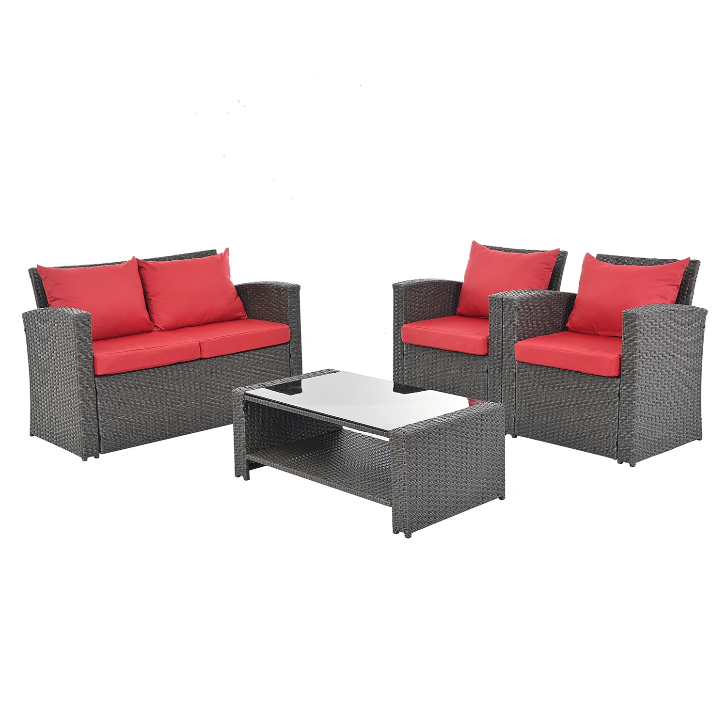 SINOFURN SYB790010RD 4 -Piece Rattan Patio Conversation Set with Red Cushions