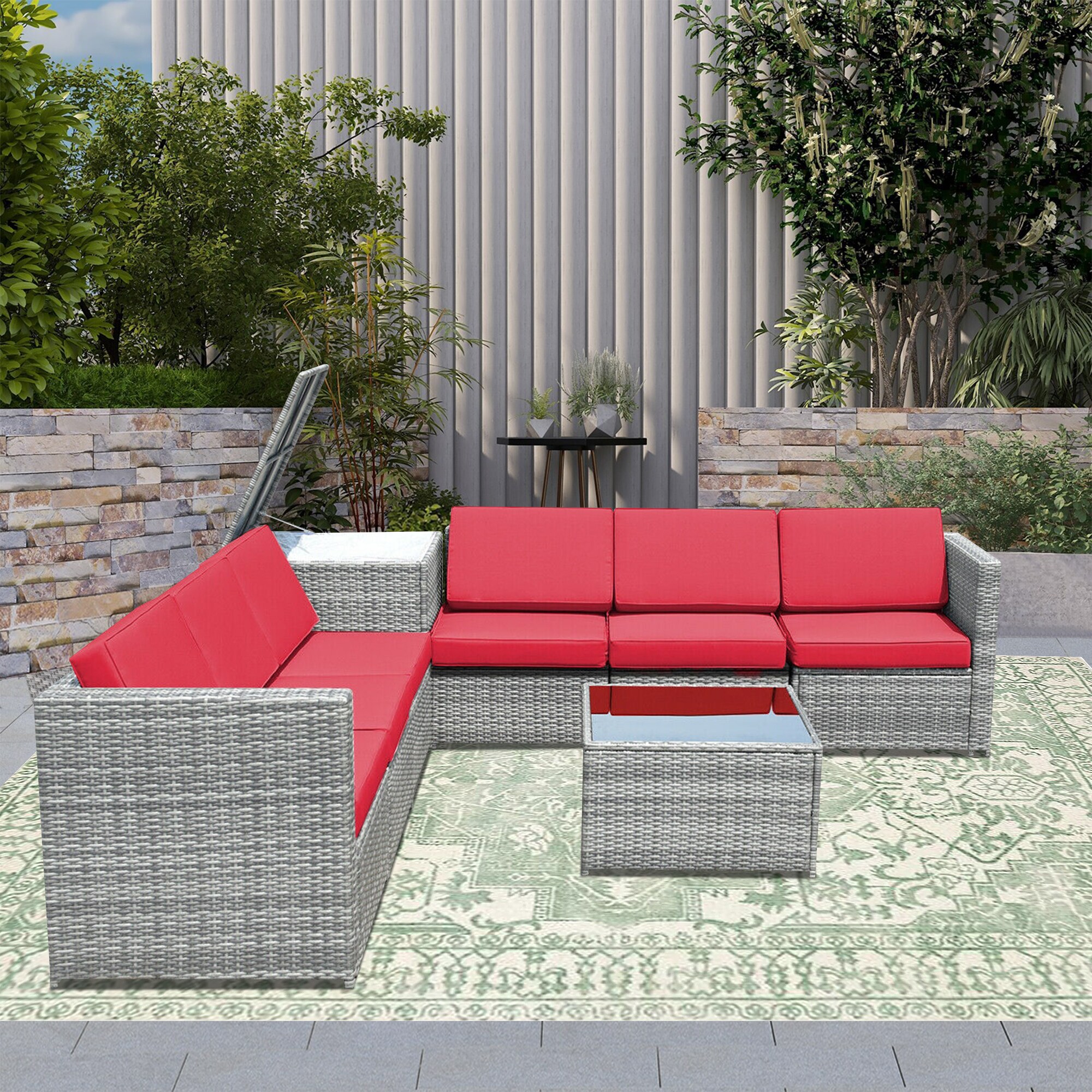 Wellfor 8 Piece Rattan Patio Conversation Set With Red Cushions Ouj65782bre At