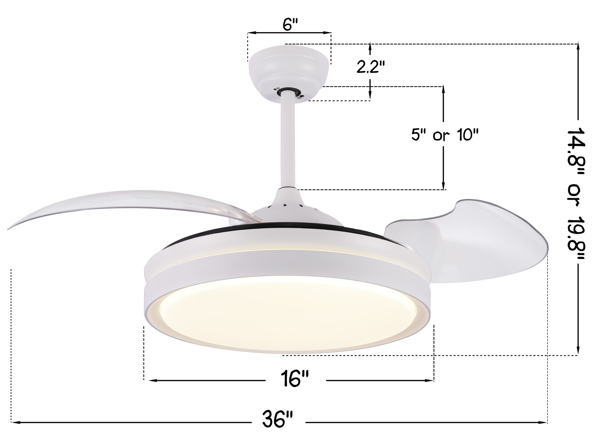 Bella Depot Retractable ceiling fan 36-in White Color-changing LED ...