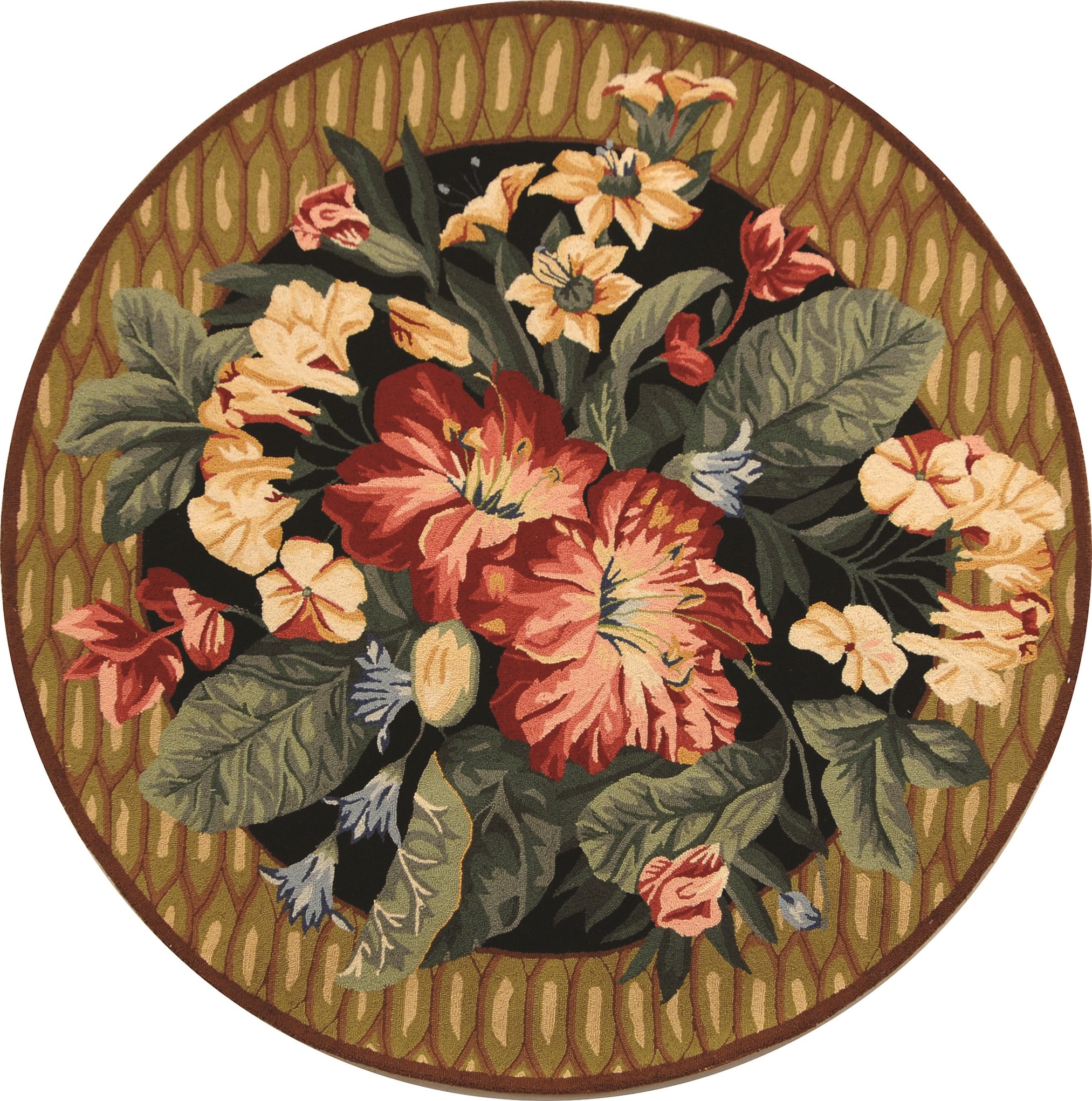 Handmade Black Floral Wool Round Rug, 8' Diameter