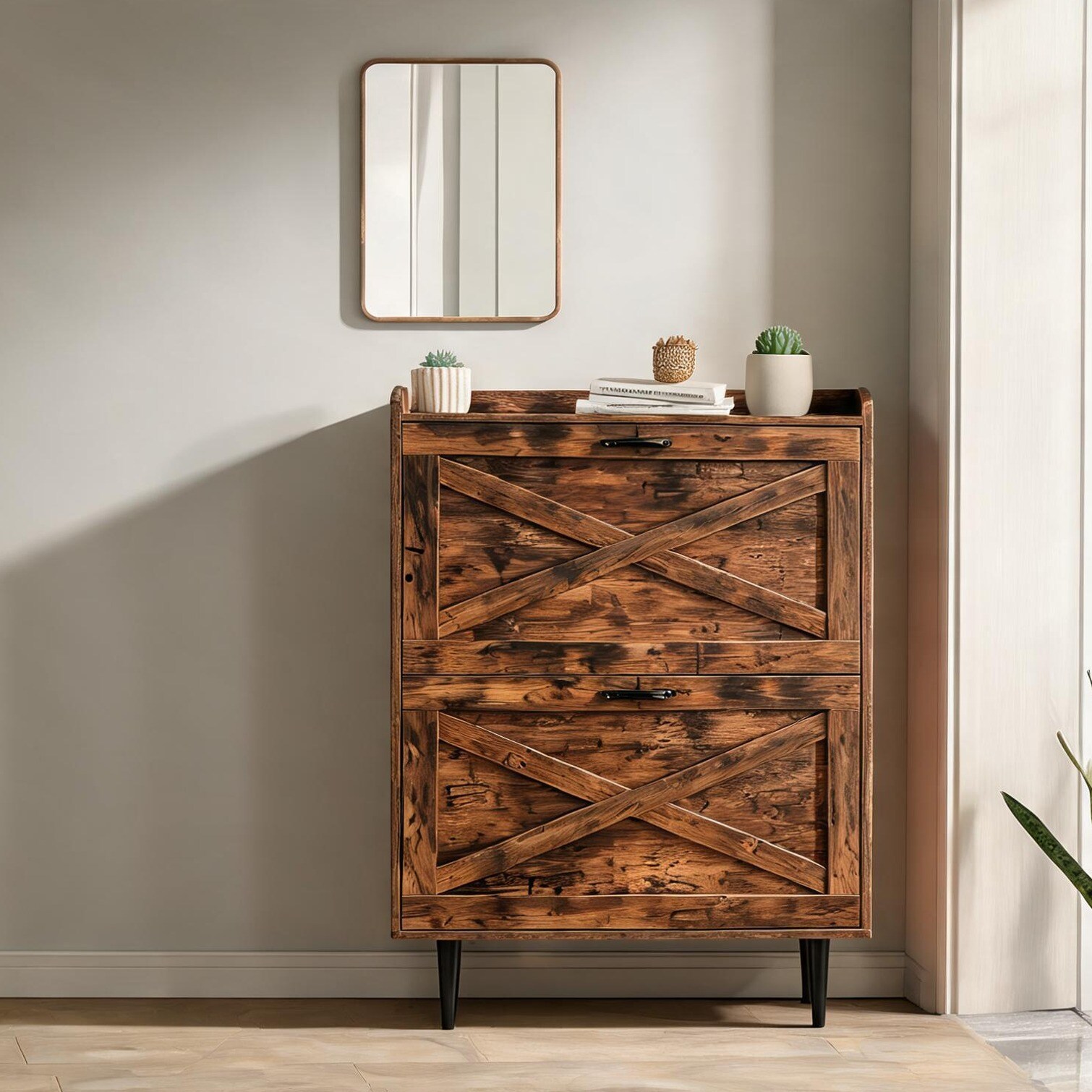 FlowLuxe Freestanding 2-Drawer Shoe Cabinet with Arched Doors Embossed MDF 31.6 x 9.45 x 39.37 Inches #92BH695XOI39