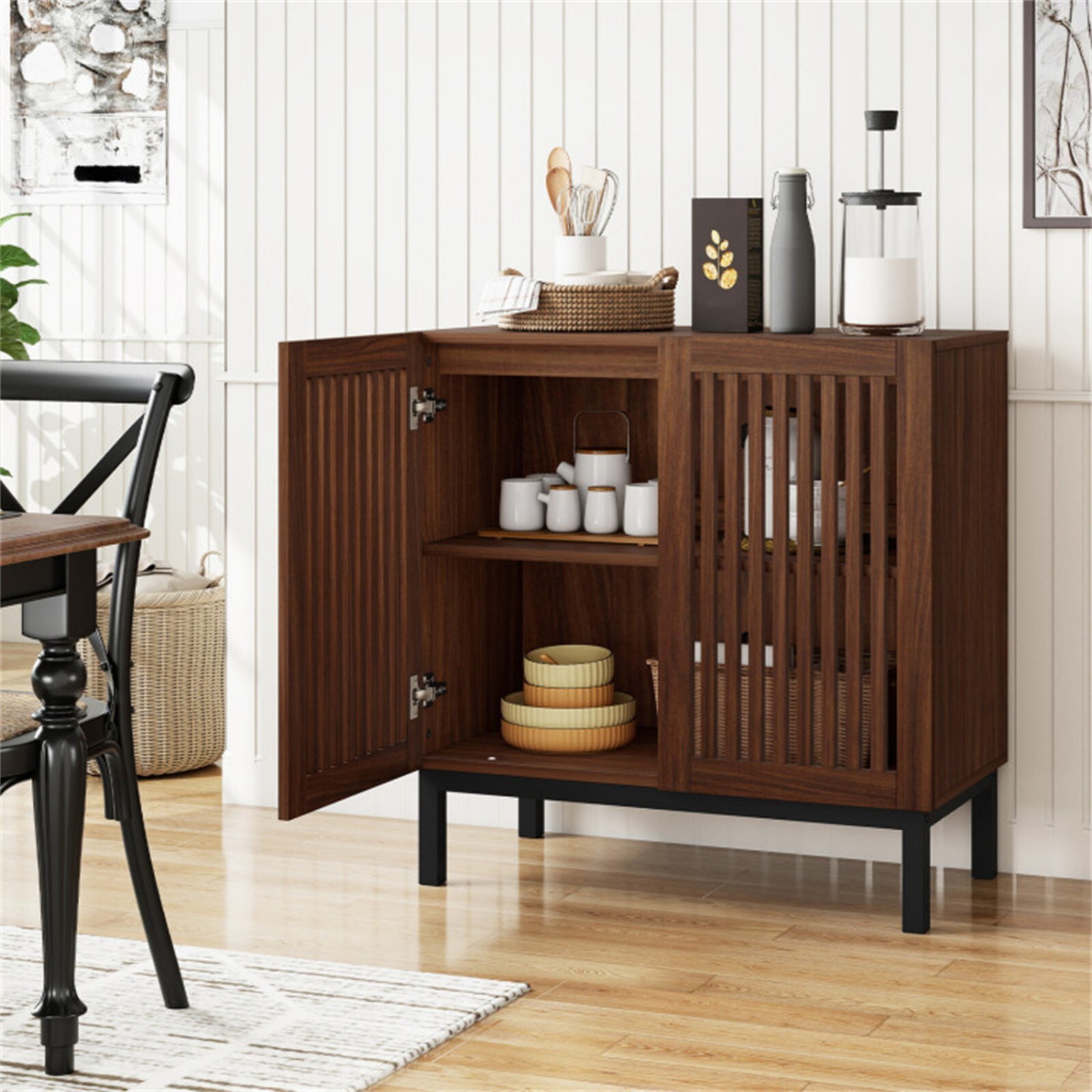 GlasFlength  32 Inch Buffet Cabinet with Slatted Panel Doors Sideboard Cabinet Storage Cabinet Kitchen Cabinet for Kitchen Dining Room Brown
