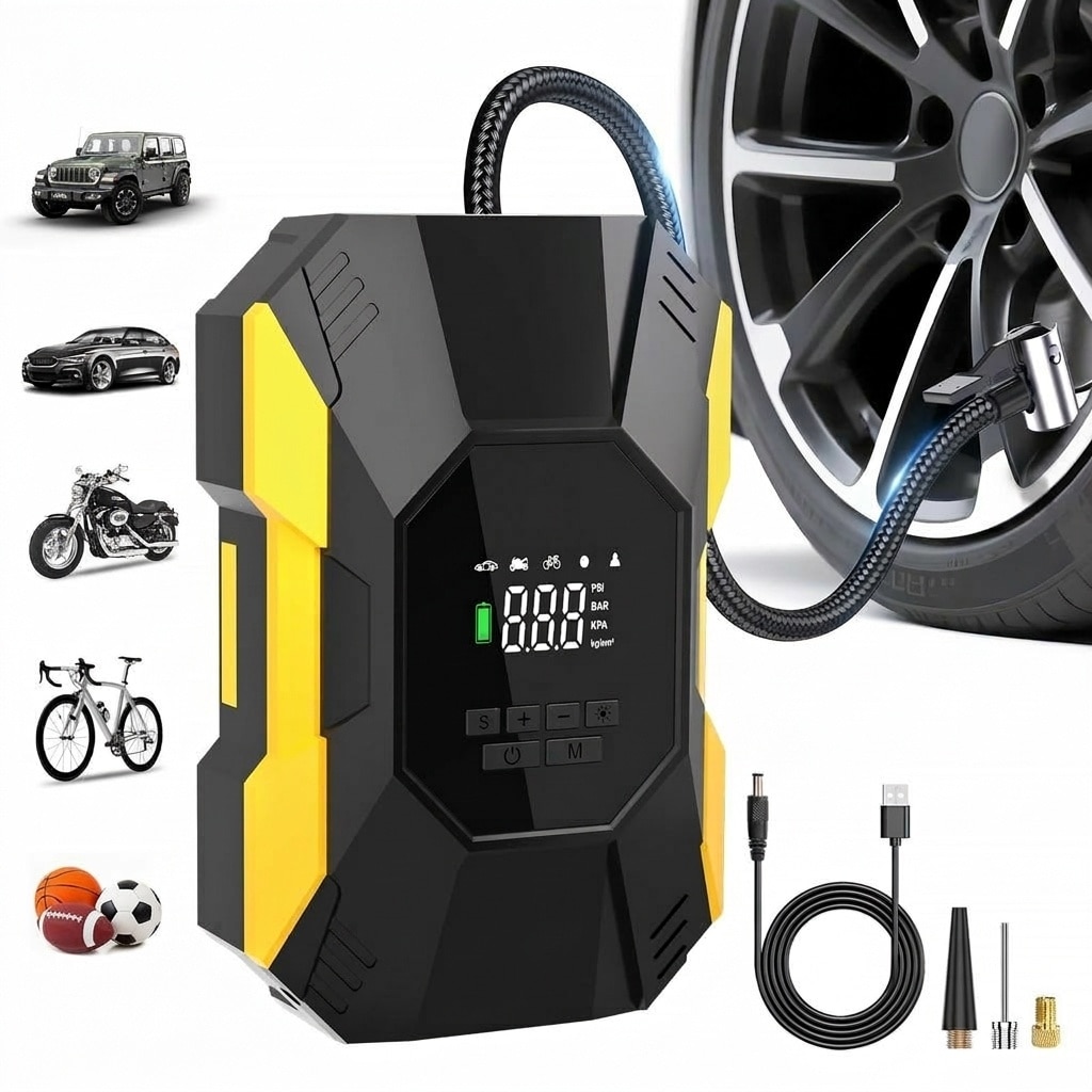 AKSCYZM  Portable Tire Inflator 150PSI Cordless Air Compressor with Digital Pressure Gauge for Car Motorcycle Bike Ball Air Bed LED Light