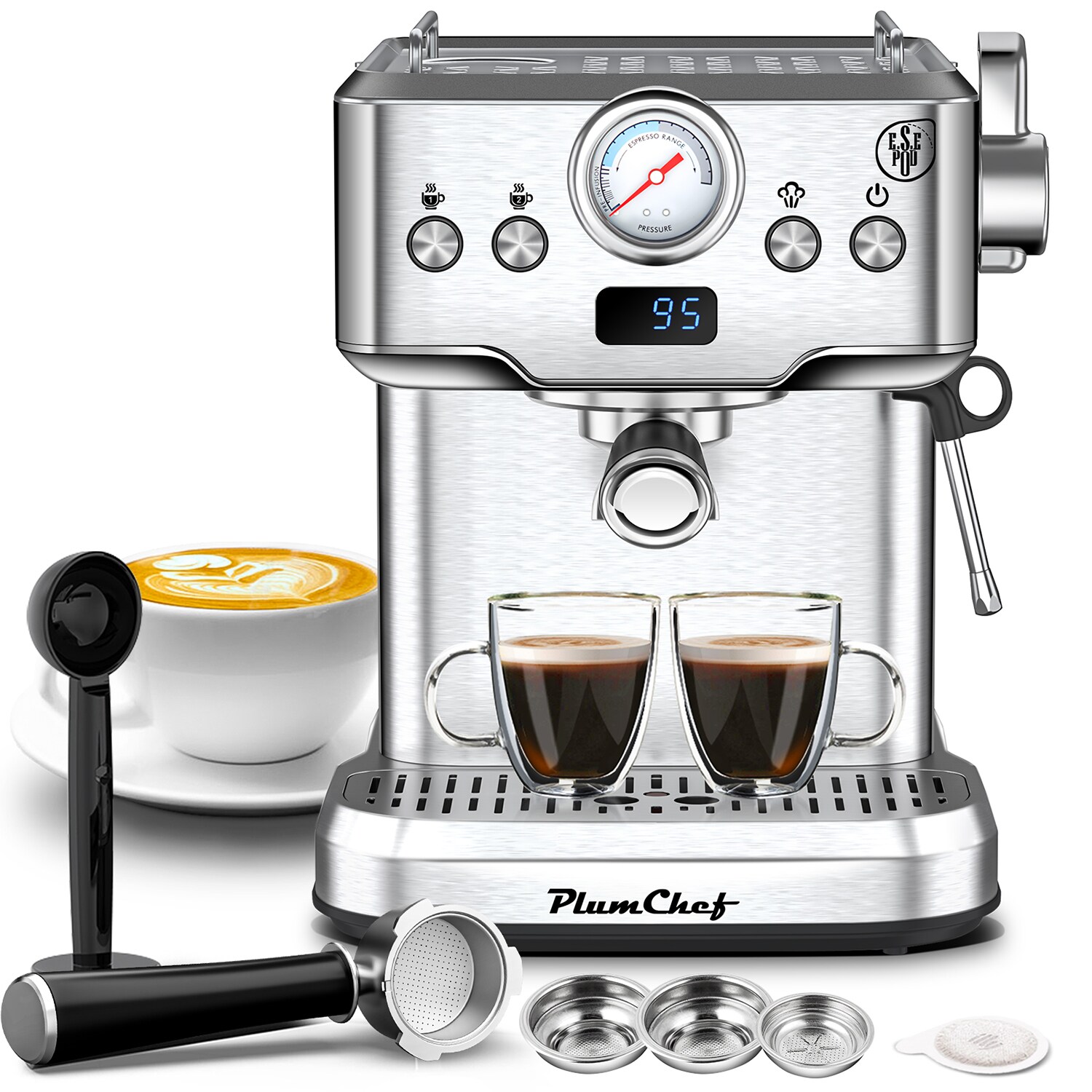 GZMR HYCC-24809US-LC 20 Bar Professional Espresso Machine Semi automatic Stainless steel Espresso Machine with Drip Tray ( Silver )