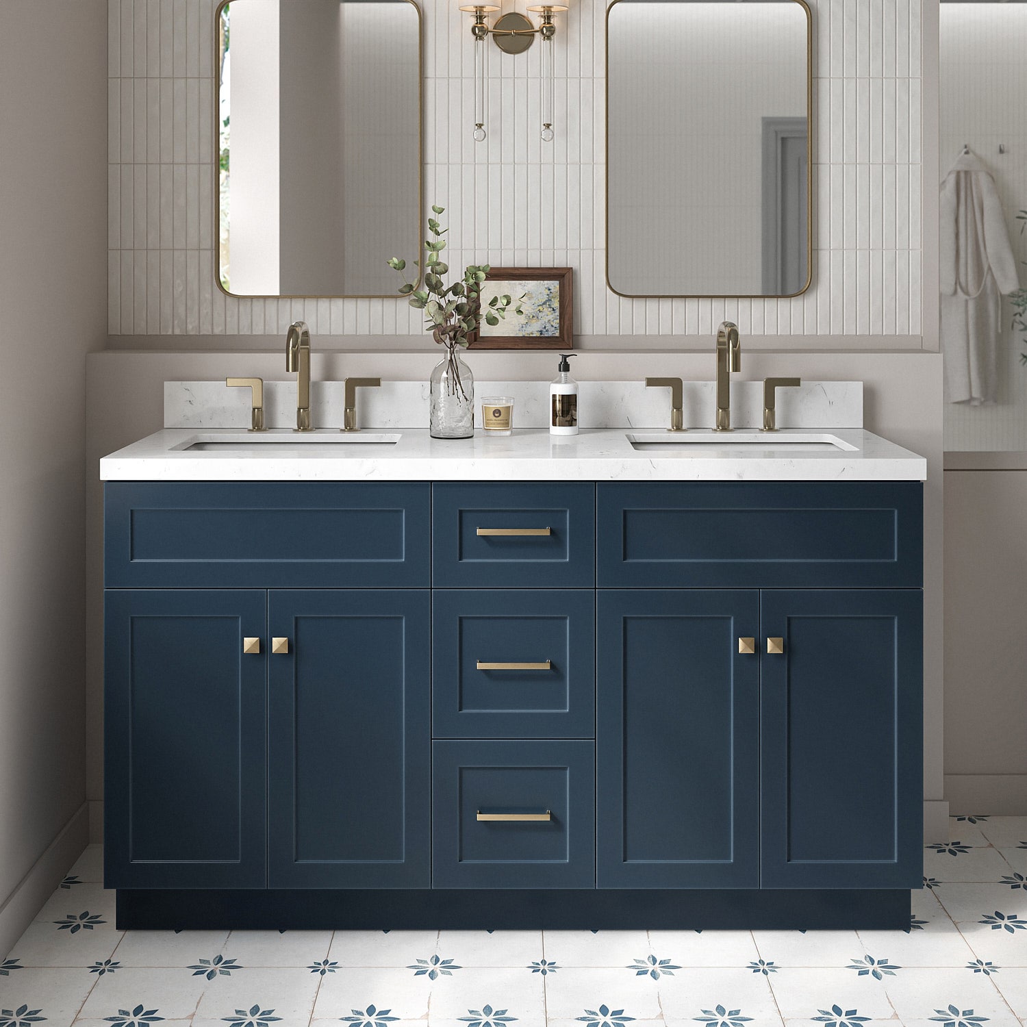 ARIEL F060DCQRVOMNB Hamlet 60-in Midnight Blue Undermount Double Sink Bathroom Vanity with Carrara White Quartz Quartz Top