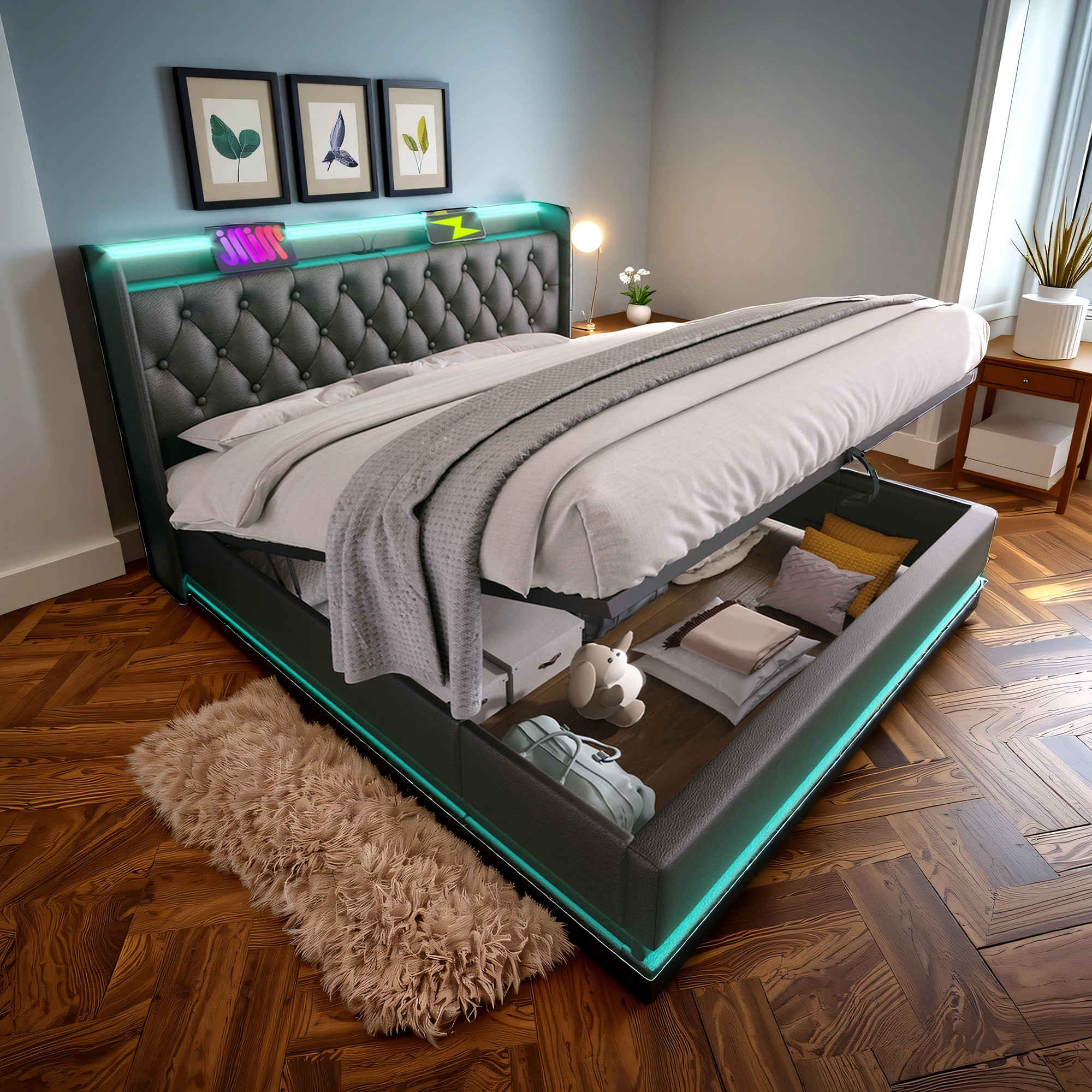 SINOFURN SYC470014BK Black King Upholstered Bed frame Bed with Storage