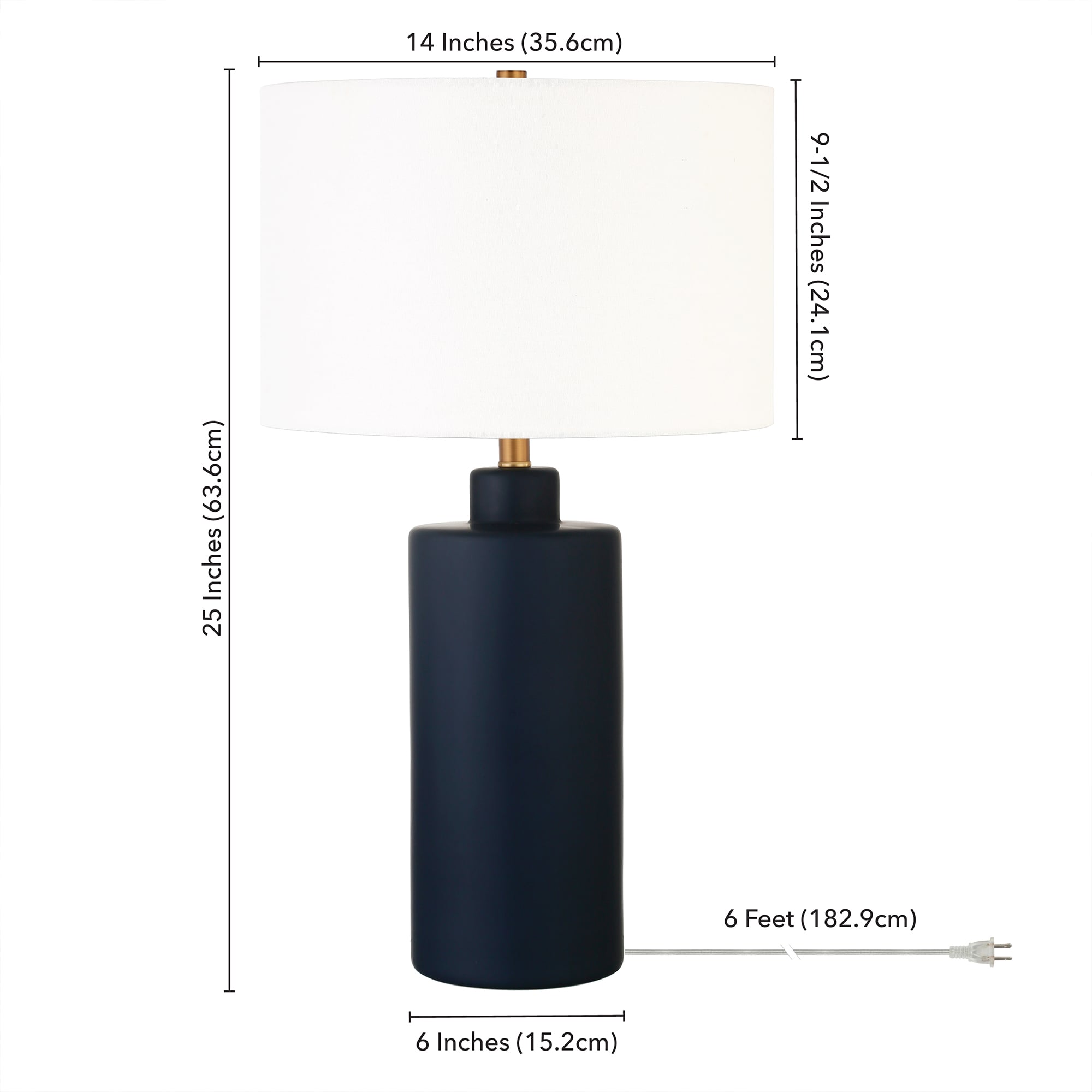 Navy Ceramic Cylinder Nightstand Lamp with White Linen Shade