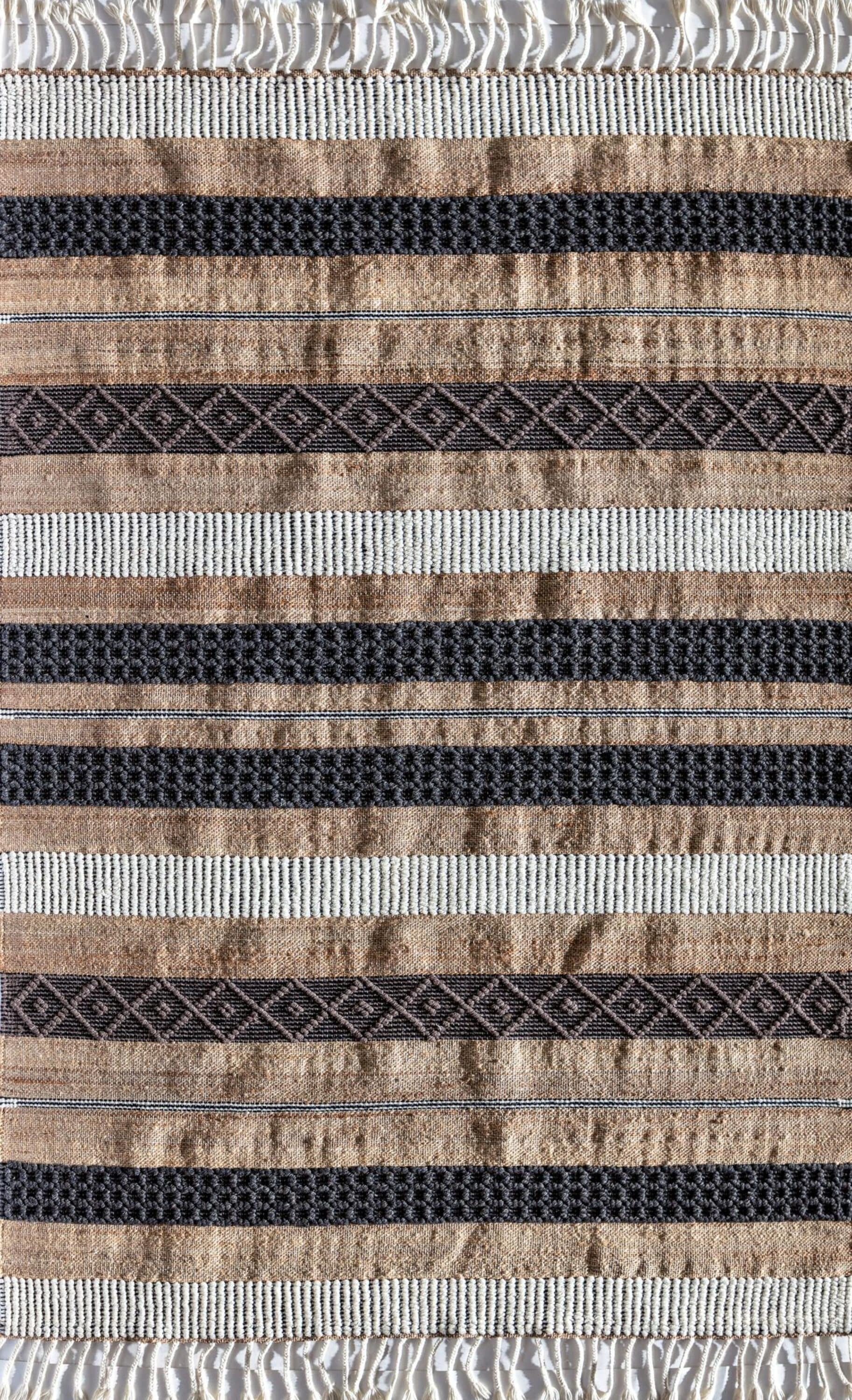 Handmade Black and Beige Wool Stripe Area Rug