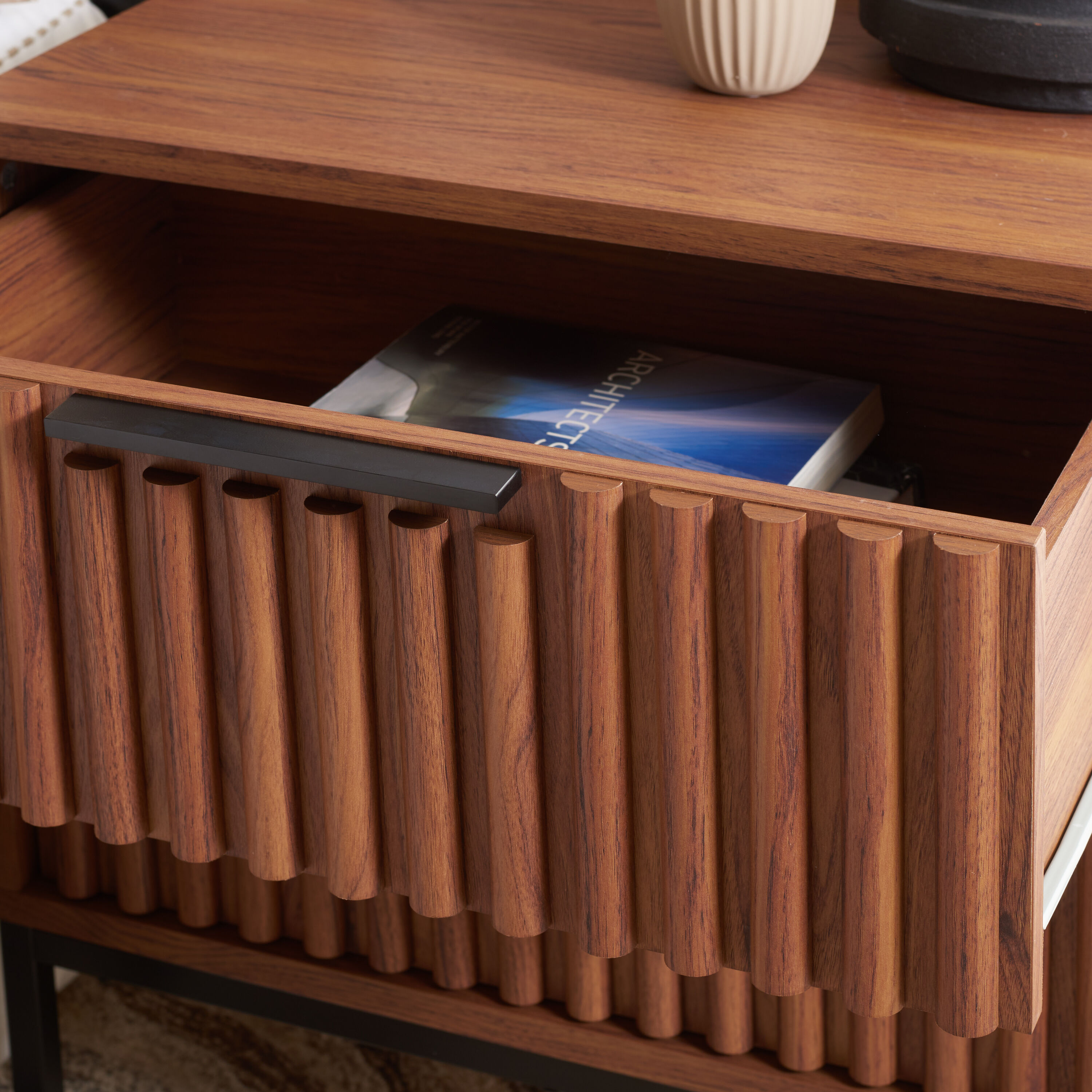 Walnut and Black Modern 2 Drawer Nightstand with Fluted Detail