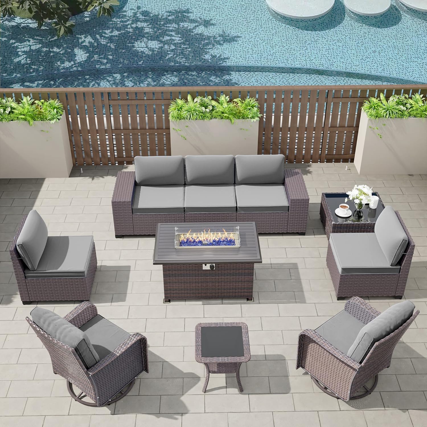 ALAULM LS-6SRFP-GREY 10 -Piece Rattan Patio Sofa Conversation Set with Gray Cushions