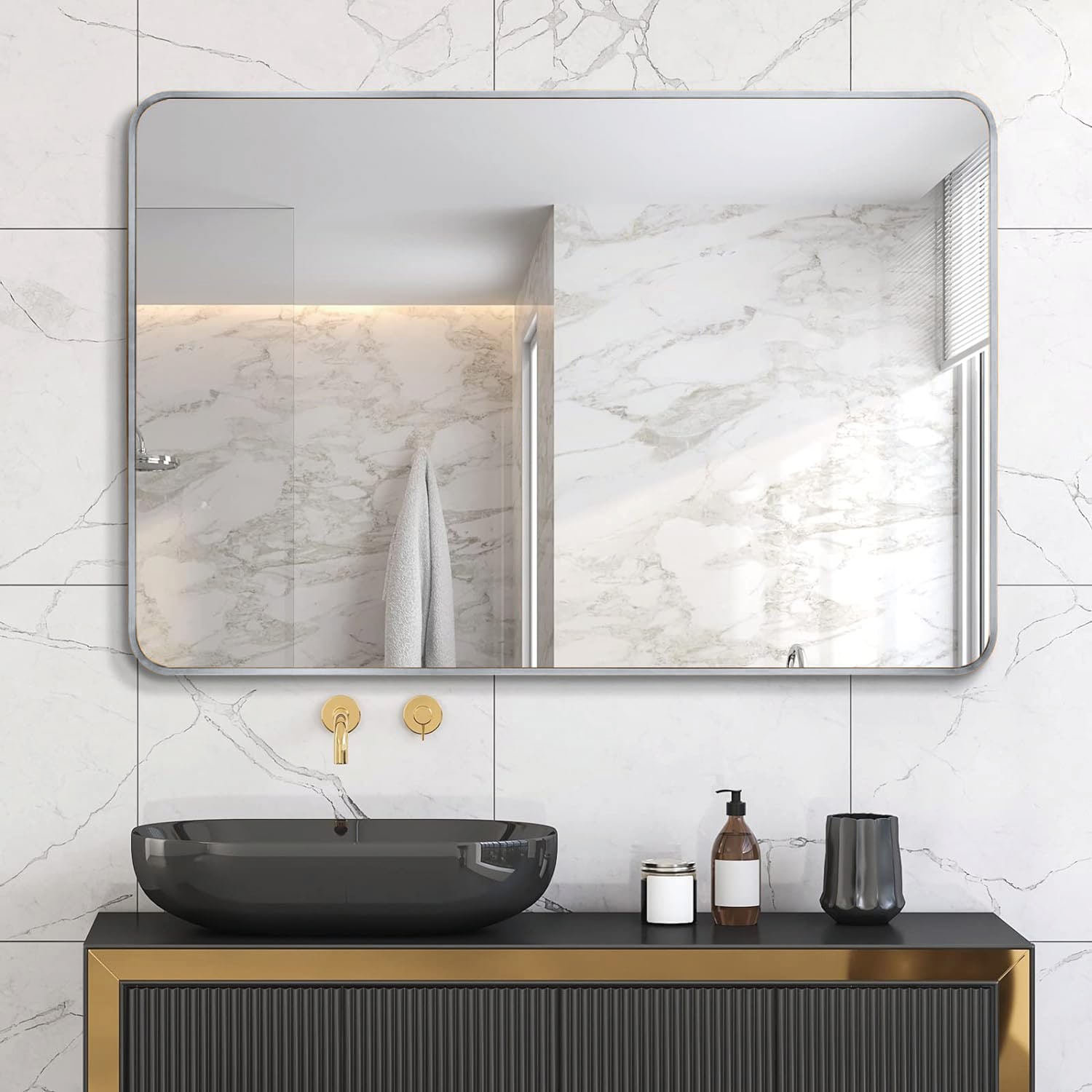 WELLFOR BFB5103SB -WF MR 40-Inches x 30-Inches Framed Rectangle Bathroom Vanity Mirror ( Brushed Nickel )