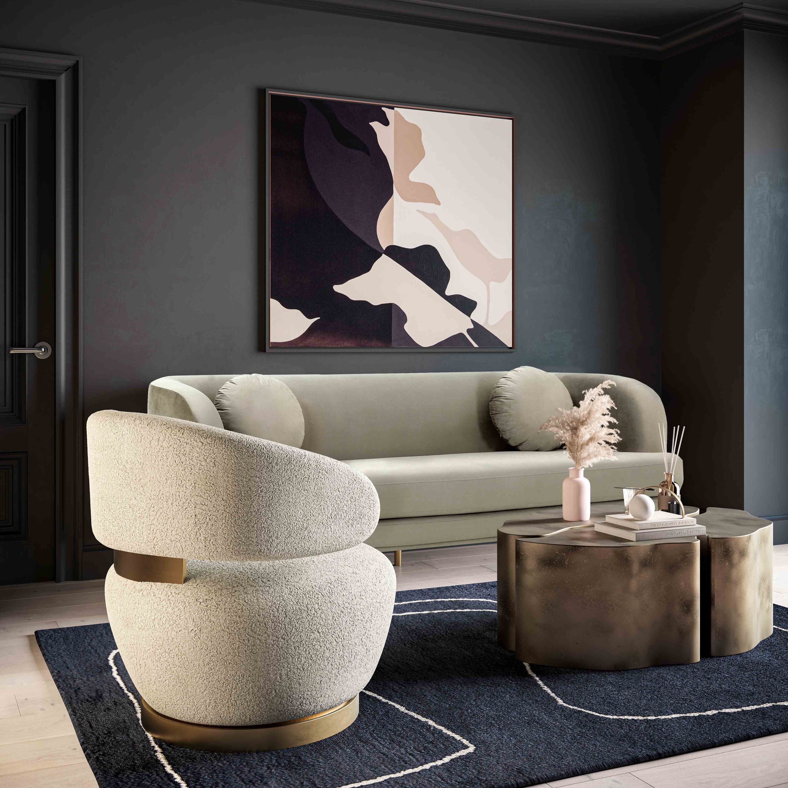 Beige Velvet Barrel Swivel Chair with Brass Base