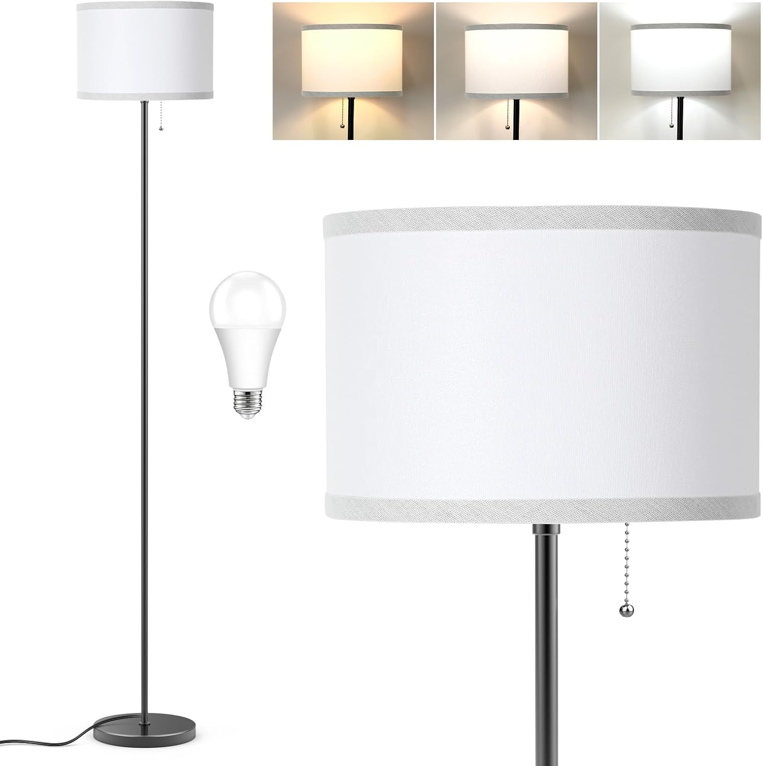 Nordic Hygge Modern 3 Way LED Floor Lamp 65 Inches Tall Standing Light with Pull Chain and White Lampshade for Living Room Bedroom or Office