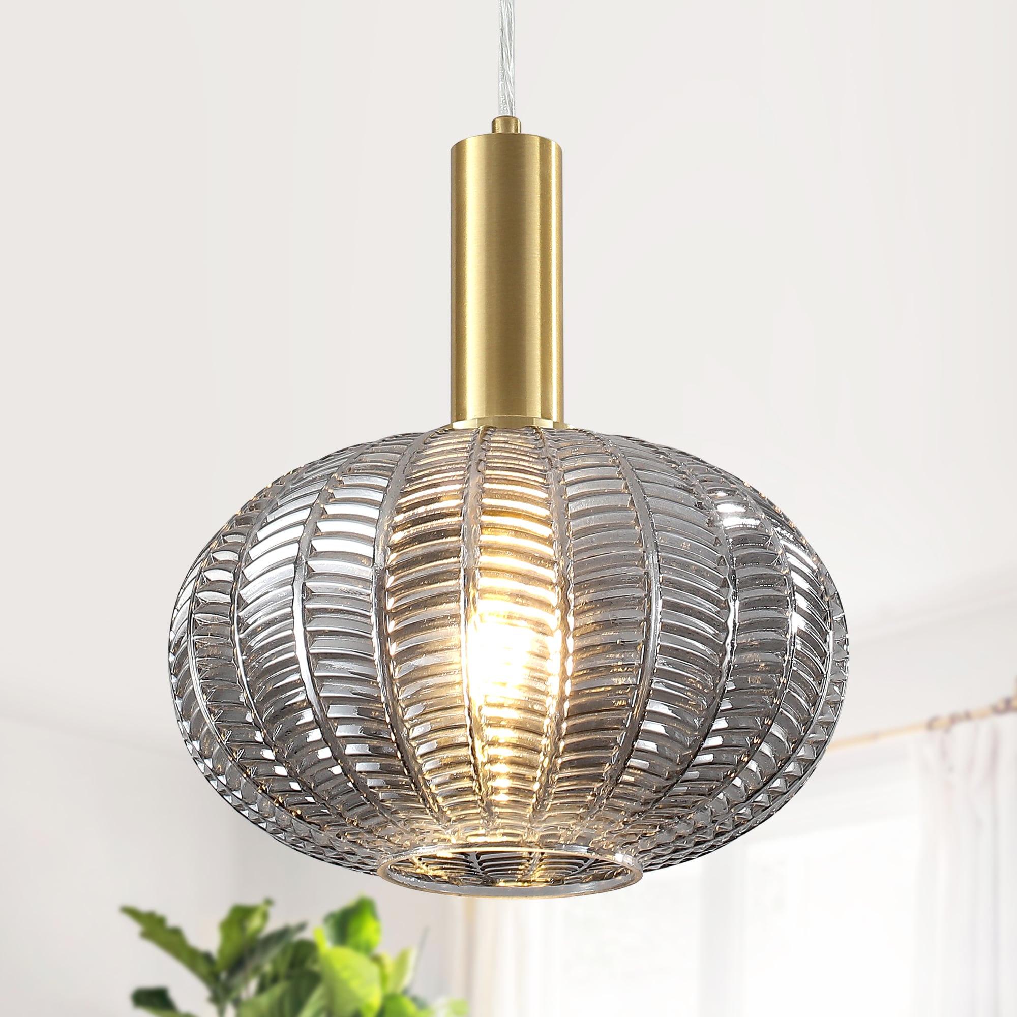 Zjvaive - 10.24inch Single Light Gold Modern Hanging Pendant Light With Ribbed Smoke Glass