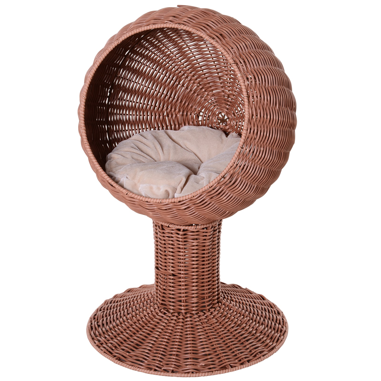 LOVMOR SF-M-W2225P217307 Elevated Cat Bed with Rotatable Egg Chair Pod Cat Basket Bed with Thick Cushion Natural Mat Grass Woven Kitty House Brown