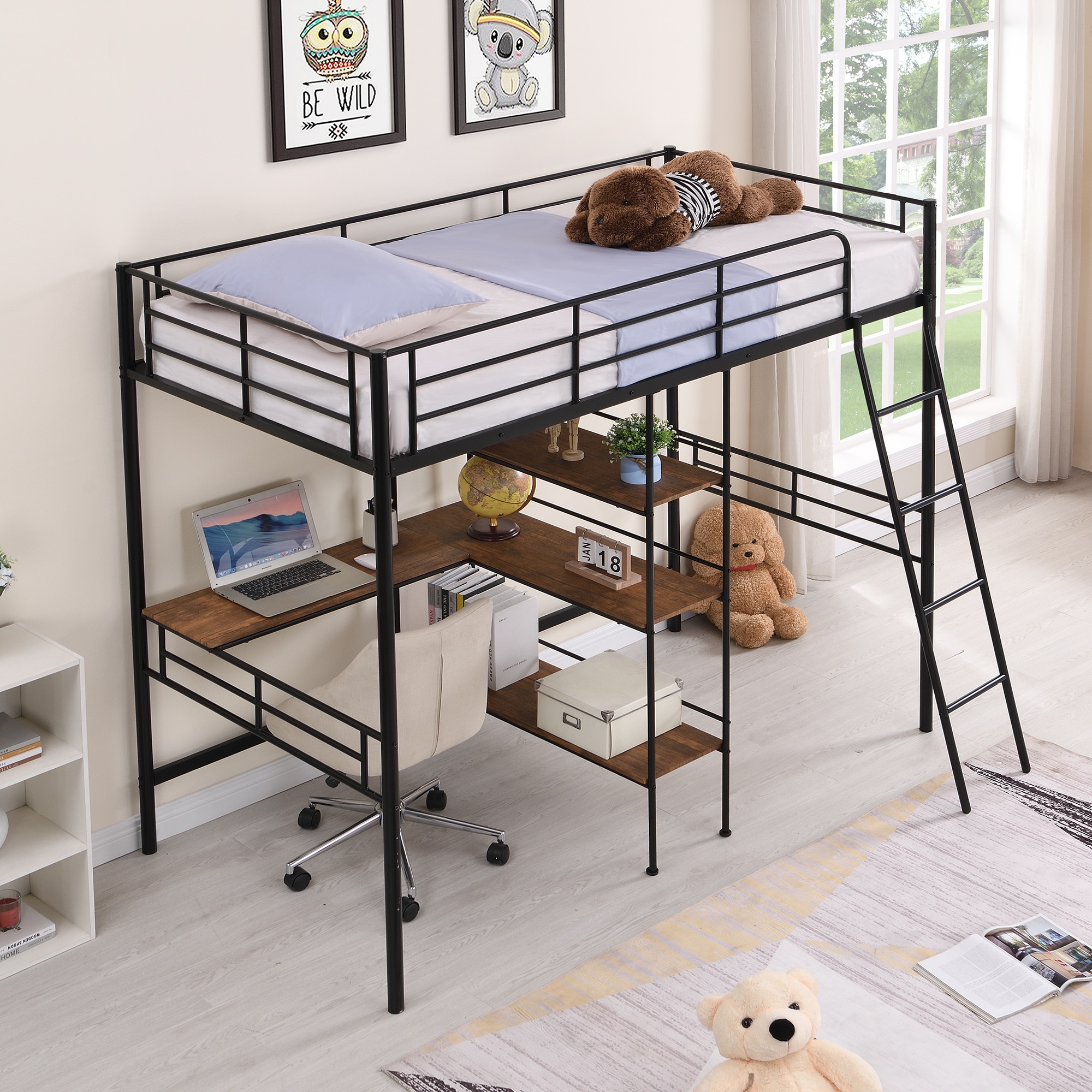 Twin Size Loft Bed with Built-in Desk, Storage Shelves and Drawers, White - ModernLuxe