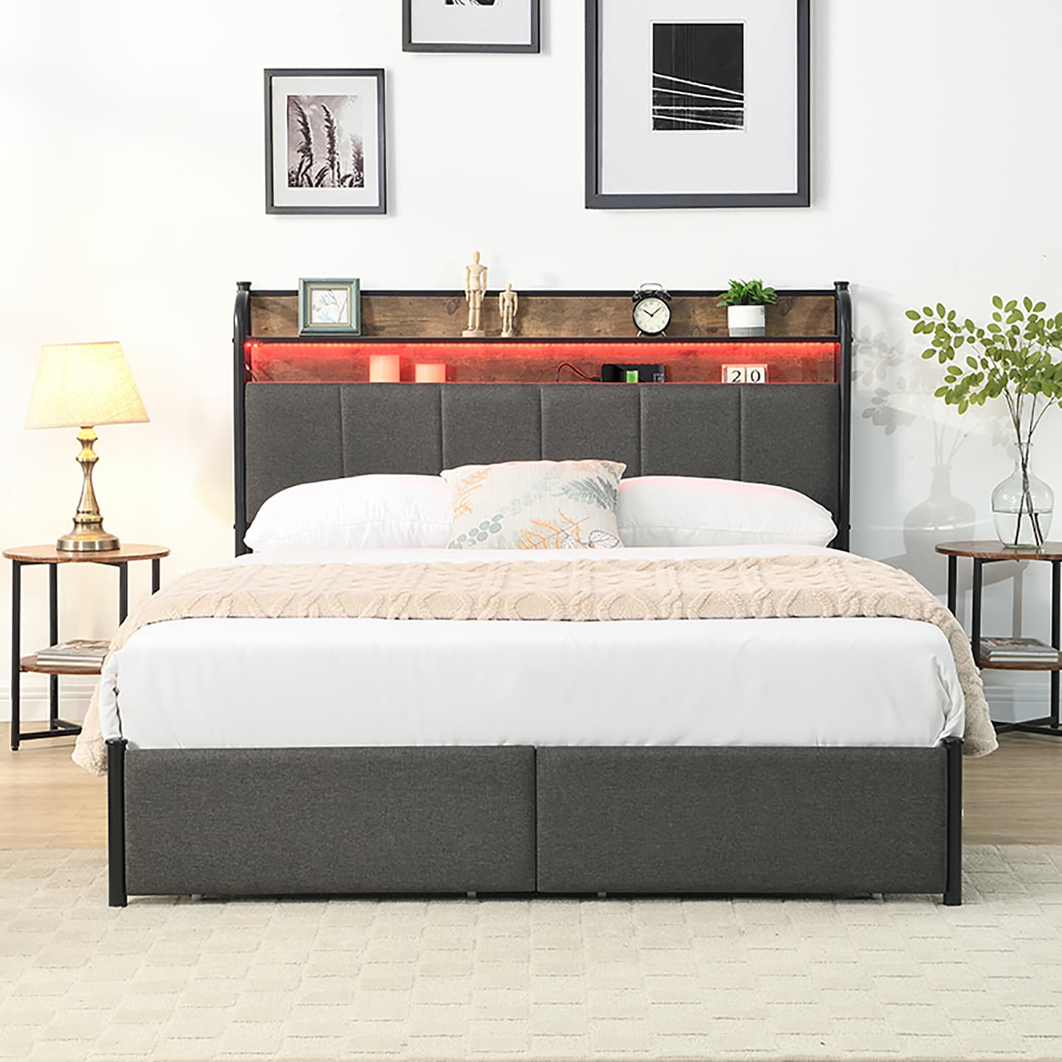 GZMR GZ-W809 Queen Bed Frame Gray+Black Queen Metal Bed frame Bed with Storage