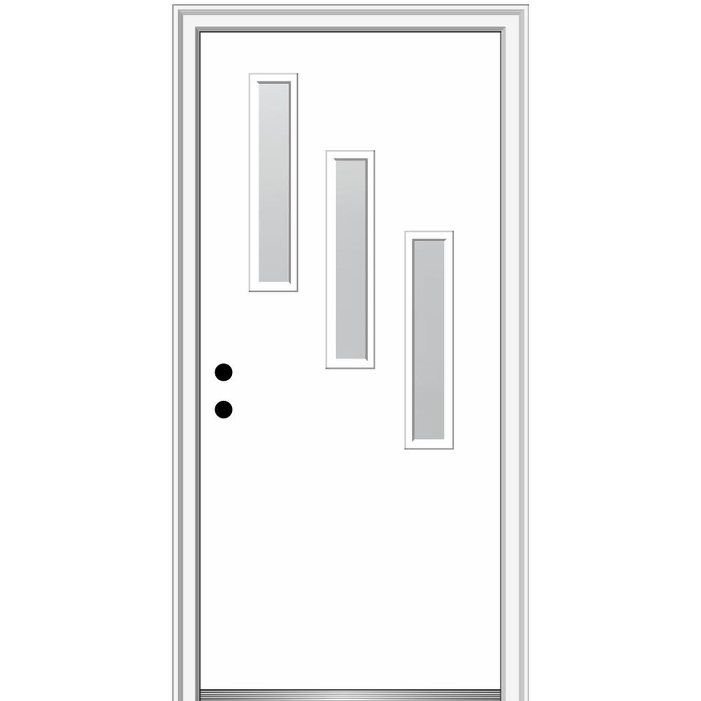 MMI DOOR ZZ346796R Spotlights 30-in x 80-in x 4-9/16-in Fiberglass Pulse lite Right-hand inswing Brilliant White Painted Prehung Front Door with Brickmould Insulating core
