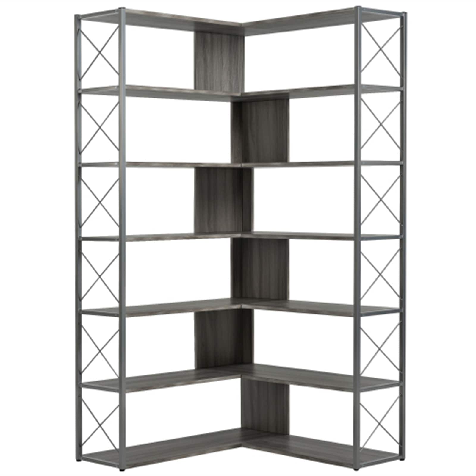 BESTCOSTY WF296LJW291AADZYYRL Silver+Grey MDF 7 -Shelf Corner Bookcase ( 37.4-Inches W x 70.87-Inches H x 37.4-Inches D ) Unfinished