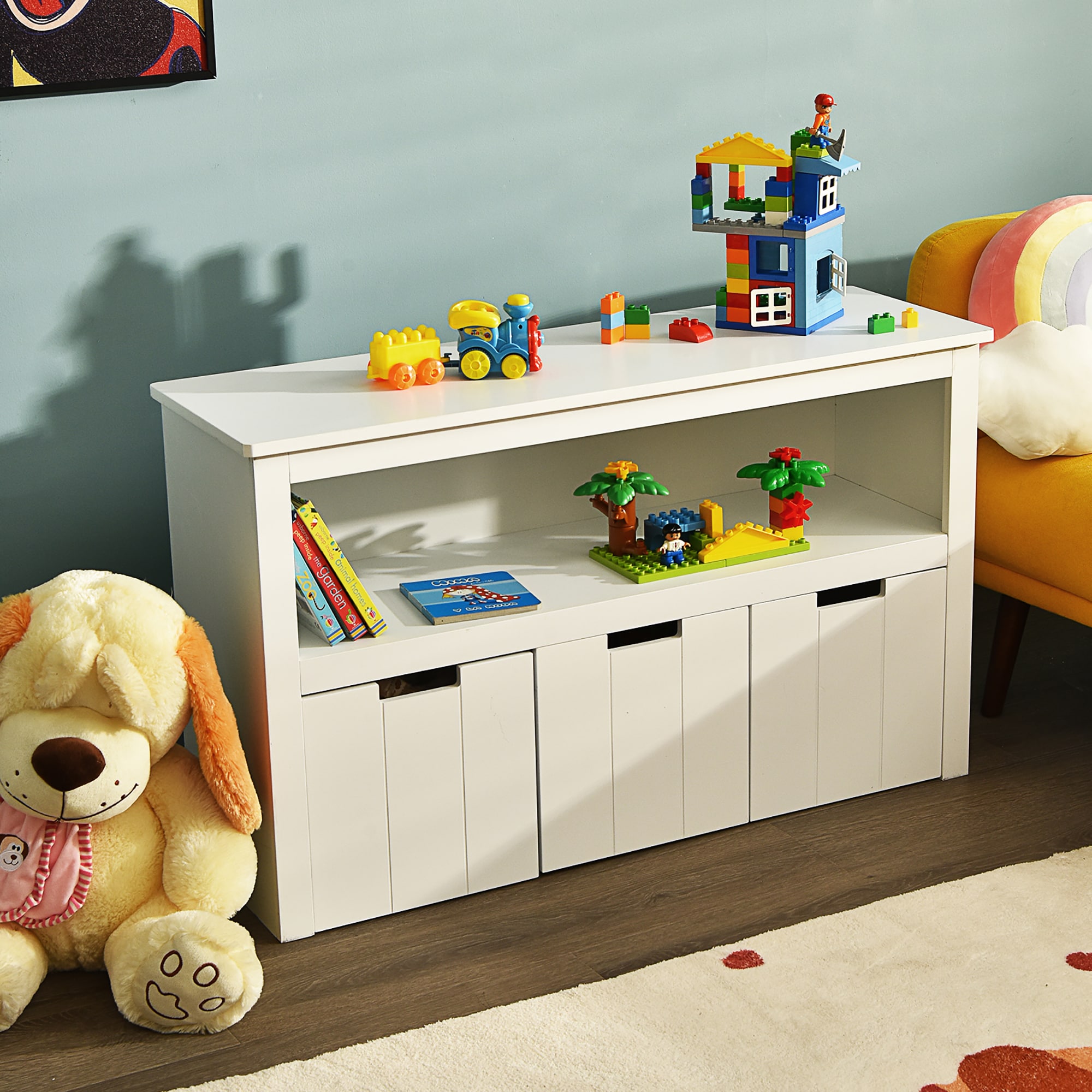White Kids' Toy Storage Cabinet with 3 Drawers and Wheels