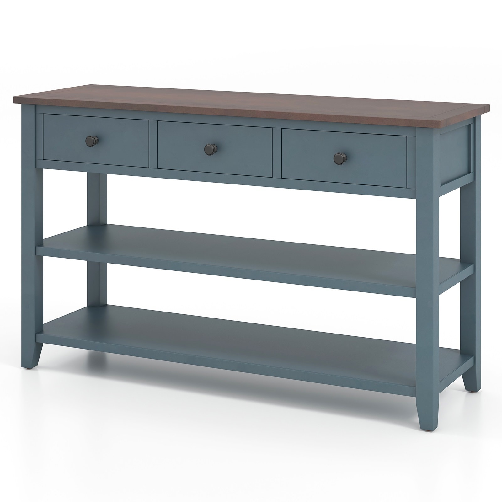 Slickblue D-CO-LB64911VJ Farmhouse Console Table - Blue and Espresso Finish with 3 Drawers and 2 Open Shelves – Anti-Tip Solid Wood Legs for Entryway and Hallway