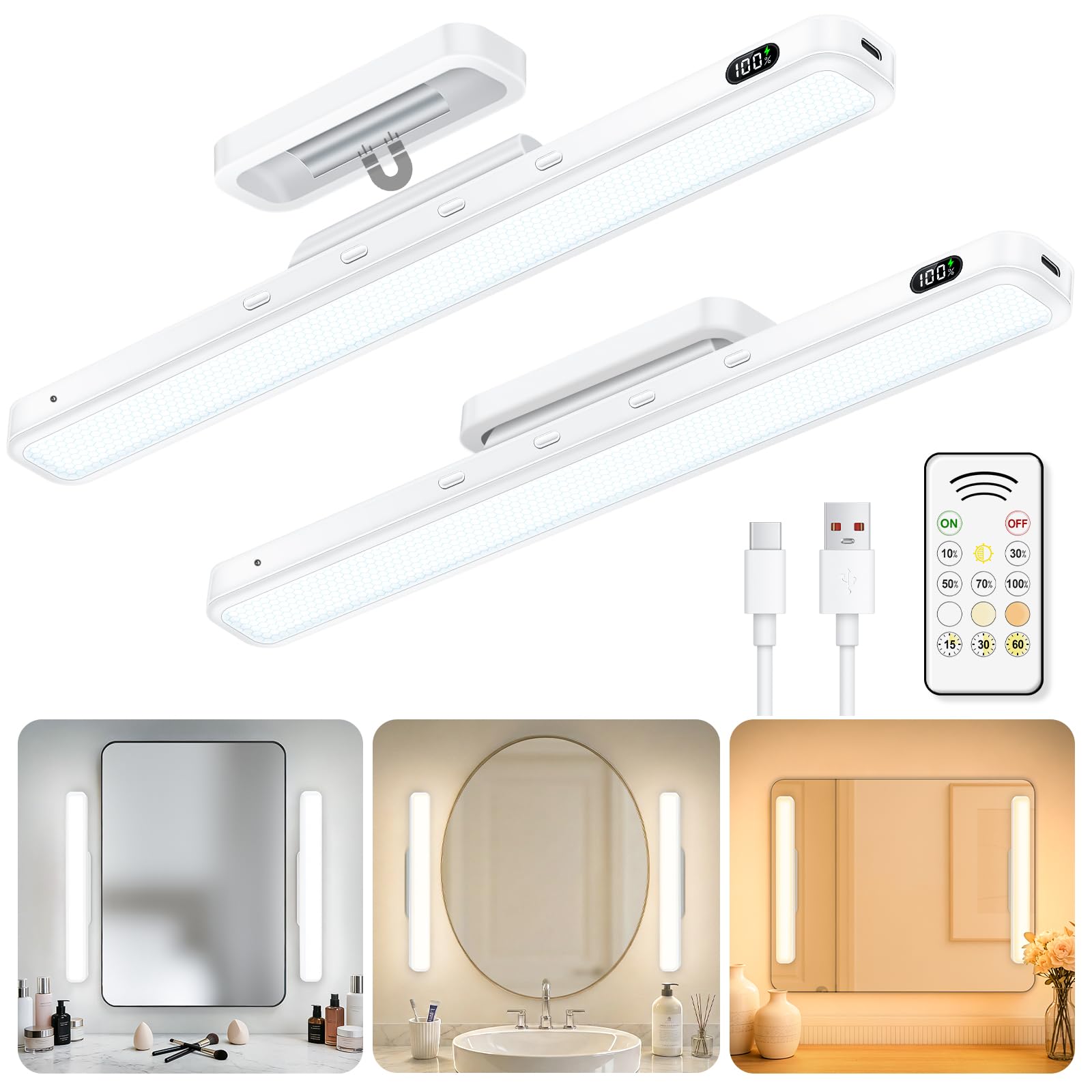  2 Pack Rechargeable Vanity Mirror Light Bar Magnetic Stick On Adjustable 3 Color Temperatures 5 Brightness Remote Control 135 Degree