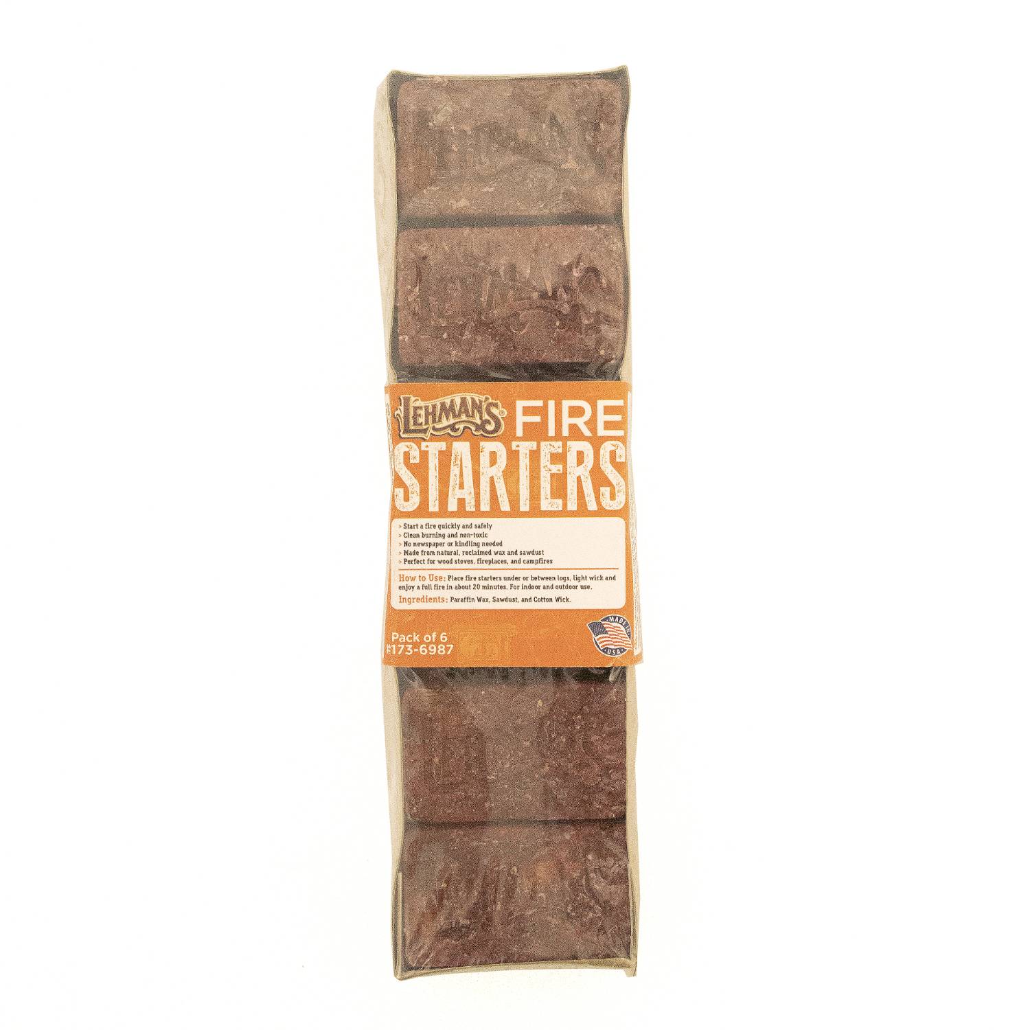 Lehman's Lehmans Fire Starters - Non-Toxic Indoor/Outdoor Solid Firelighter with Safe Easy and Quick Light Wick - 6 Count (One 6 Pack)