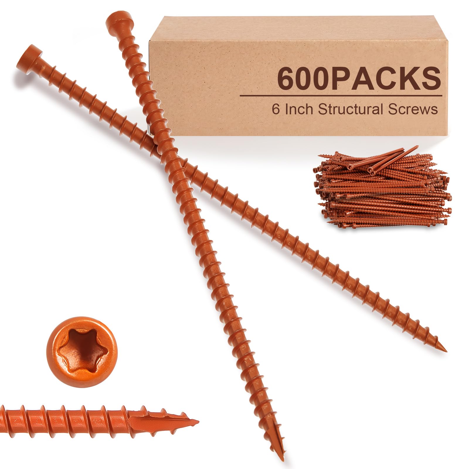 SenQWFa  600pcs Six Inch Structural Truss Screws with Orange Topcoat Clear Zinc Finish for Wood Framing Decking and Timber Projects