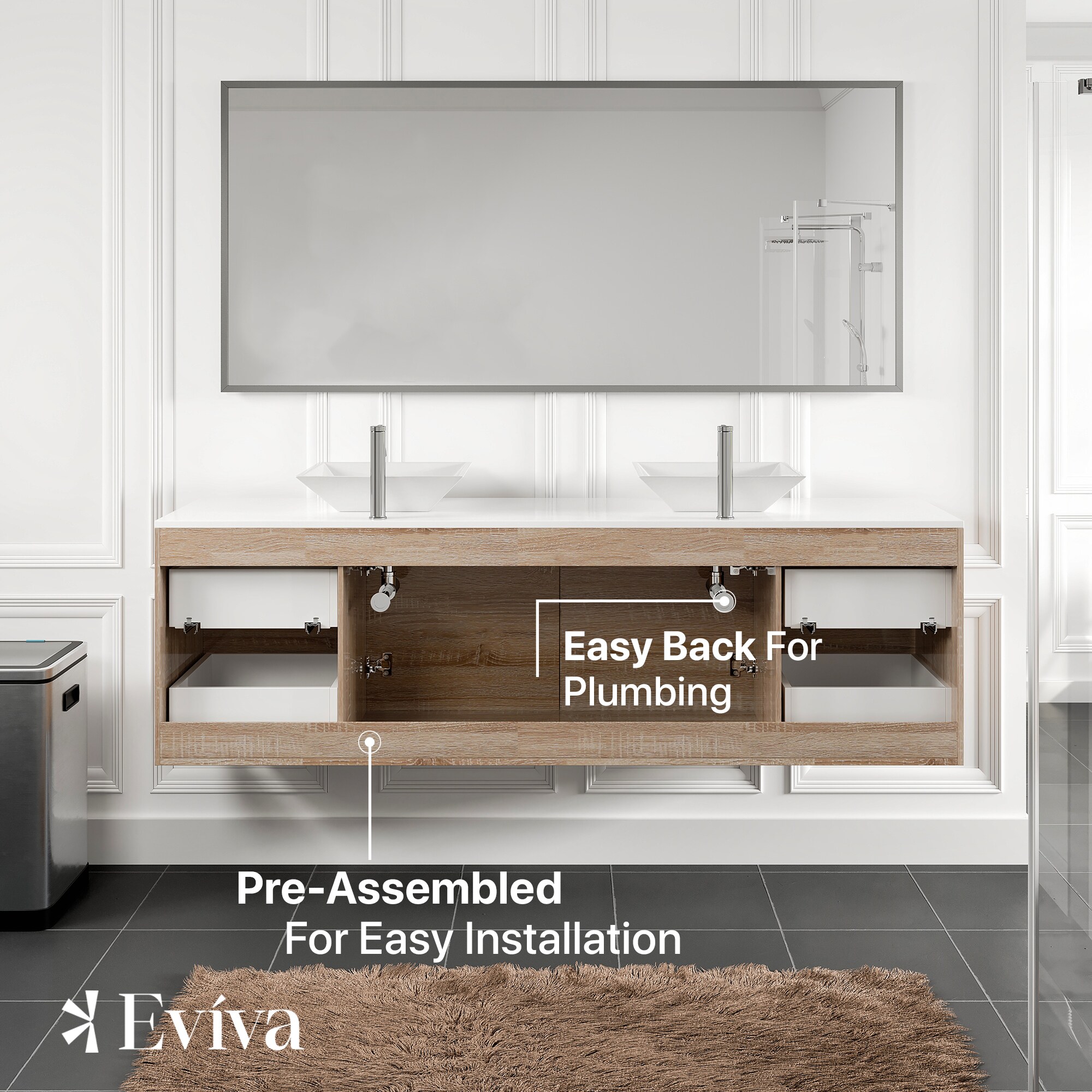 Eviva Luxy 72-in White Oak Double Sink Floating Bathroom