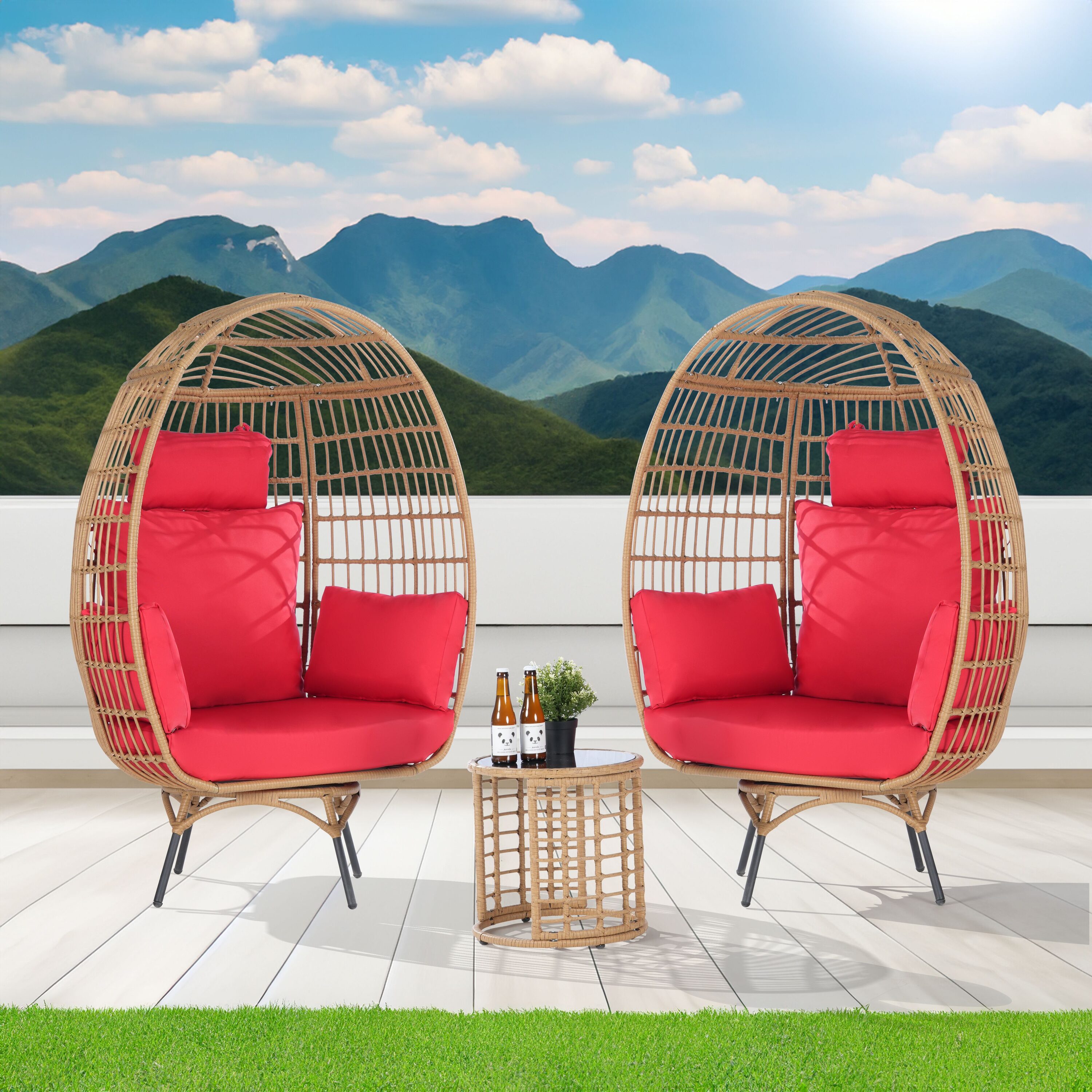 SANSTAR L-RJDC57RD-3P 3 -Piece Wicker Patio Conversation Set with Red Cushions