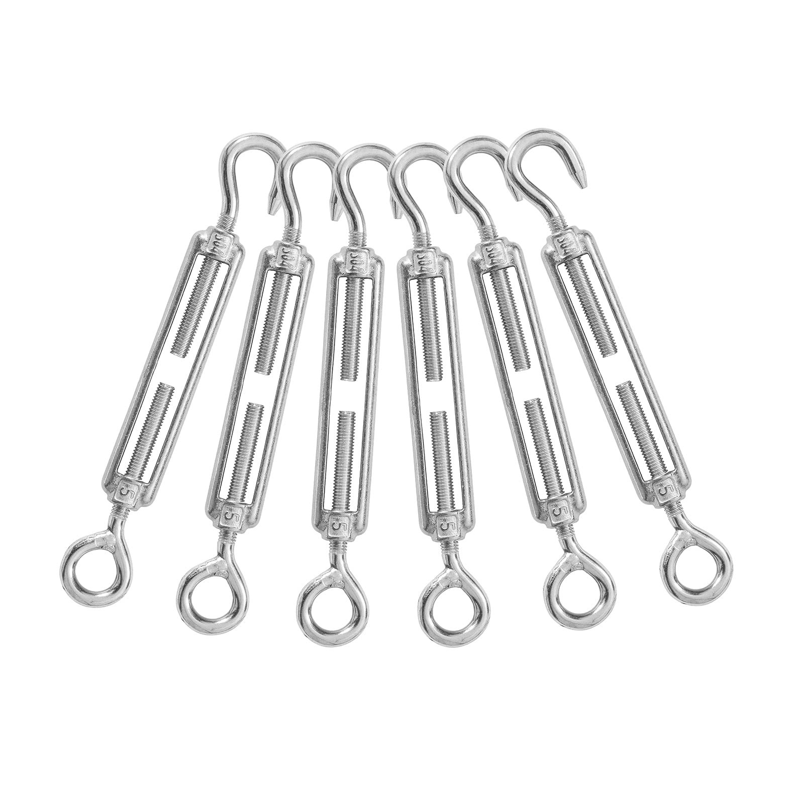 ITOPFOX  6 pcs M5 Hook Eye Turnbuckle 304 Stainless Steel Heavy Duty Wire Rope Tensioner for Cable Railing Garden Trellis Marine and Construction