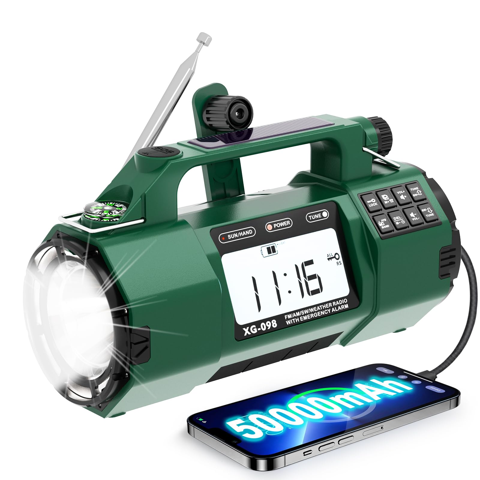 Vrbgify  Emergency NOAA Weather Alert Radio Portable AM FM SW Solar Hand Crank AC Power Flashlight SOS Alarm Clock Headphone Jack for Home
