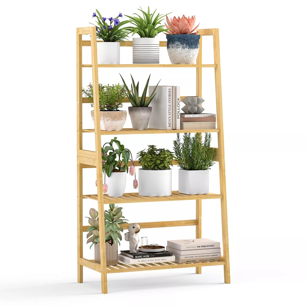 Fenbeli LJMLSFEN011 4 Tier Bamboo Ladder Shelf Multipurpose Plant Stand and Storage Bookshelf