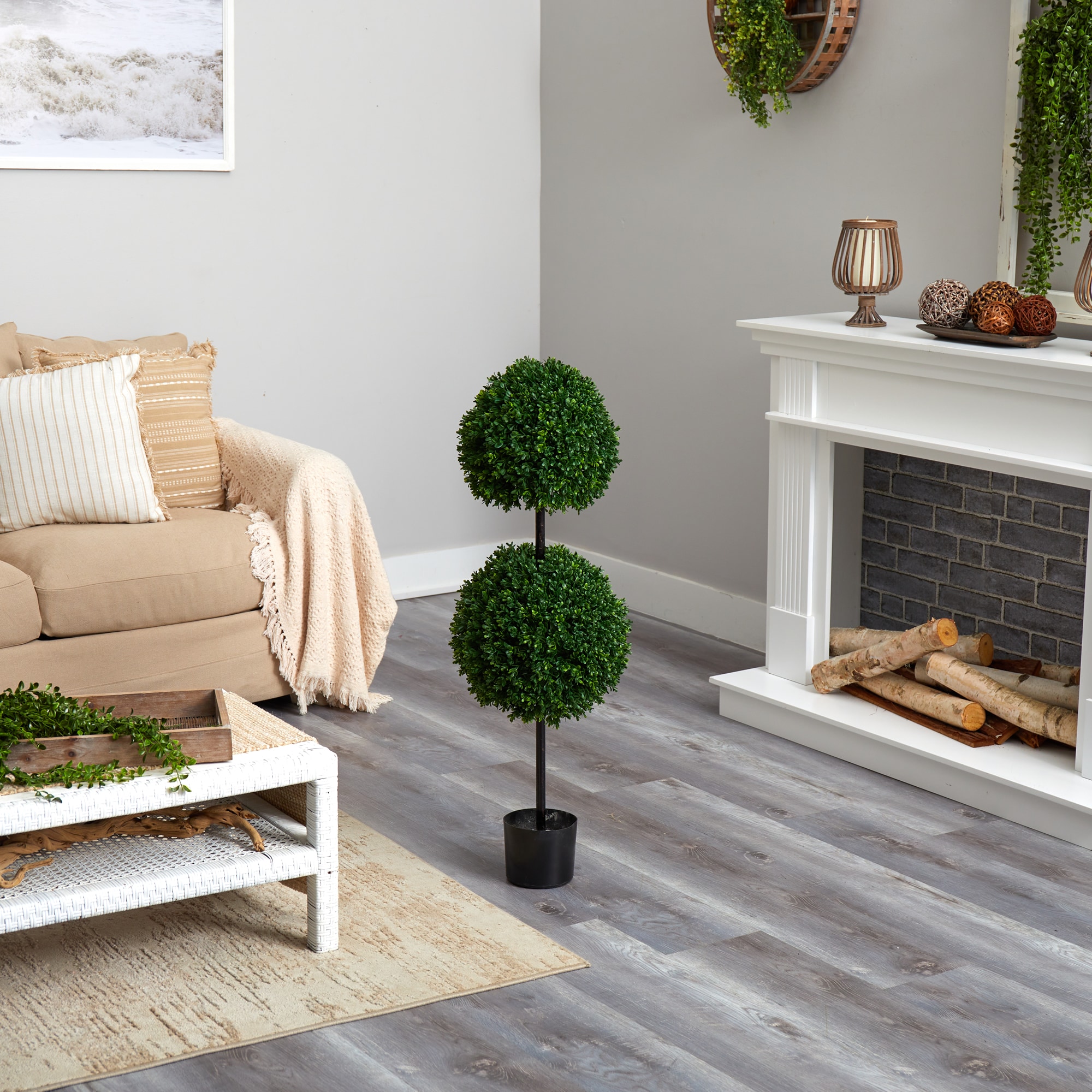 Elegant 3.5ft Outdoor-Ready Silk Boxwood Double Ball Topiary