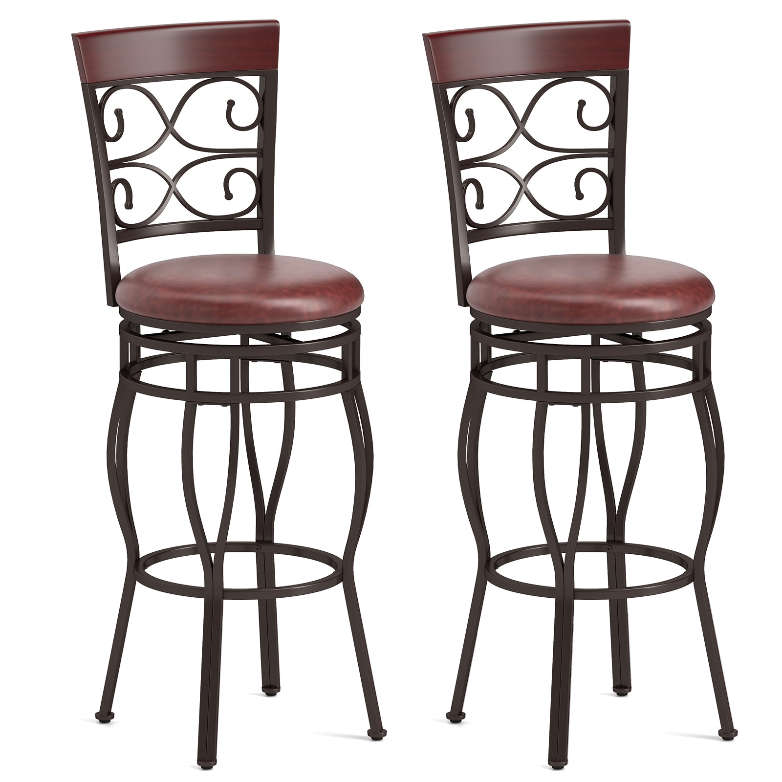 Slickblue D-CO-99376WH Set of 2 Black/ Brown Bar Stools 30 Inch H Swivel PU Leather Seat with Back Footrest Metal Frame for Home Bars Kitchens Cafes