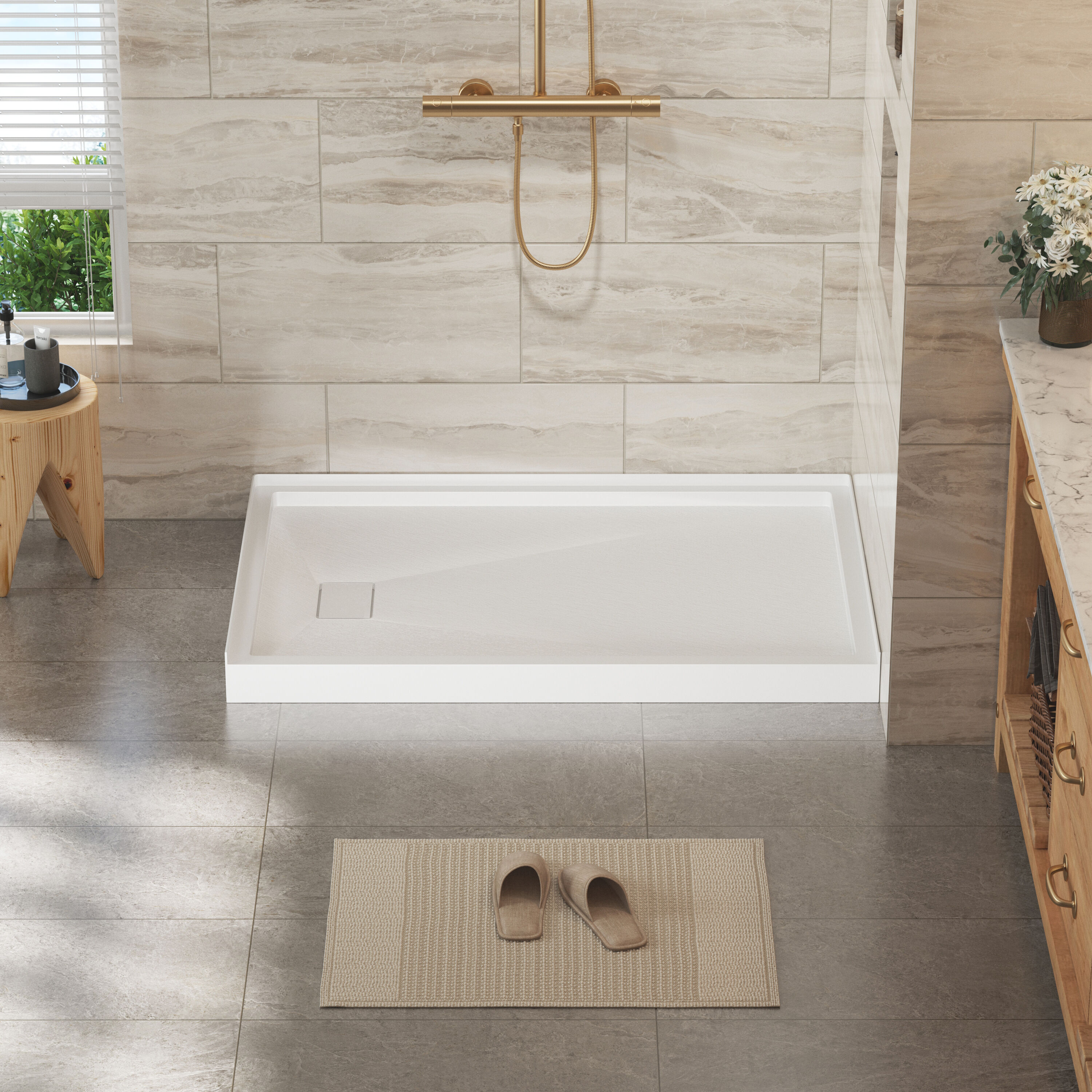 CASAINC - 48 in x 32 in White SMC Shower Base with Left Drain Slip Resistant Surface Fast Drainag...