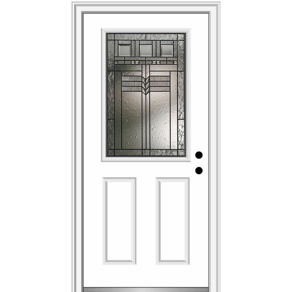 MMI DOOR ZZ3664438L 34-in x 80-in x 6-9/16-in Fiberglass Half lite Left-hand inswing Brilliant White Painted Prehung Front Door with Brickmould Insulating core