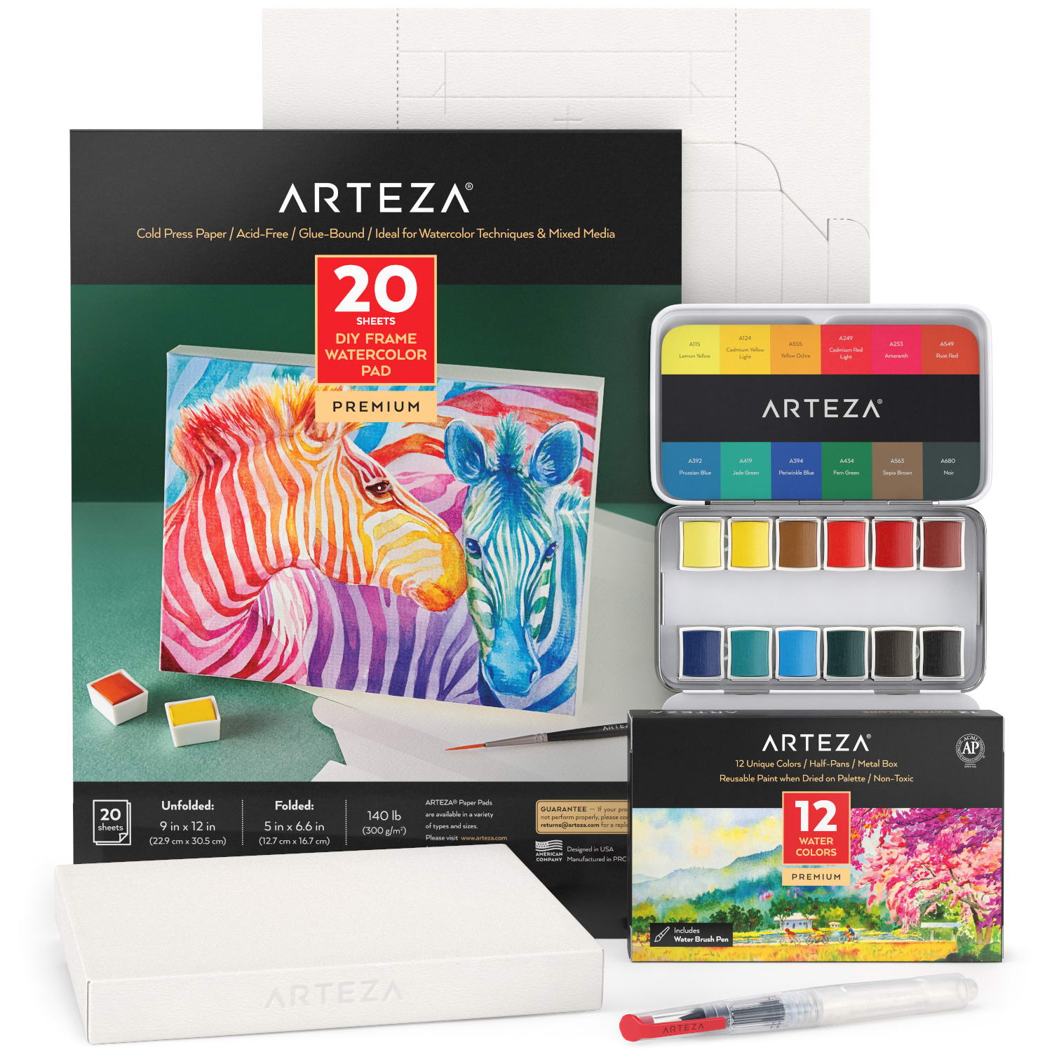 Arteza Pastel Watercolor Paint Set with Water Brush 12 Watercolors Storage  Tin