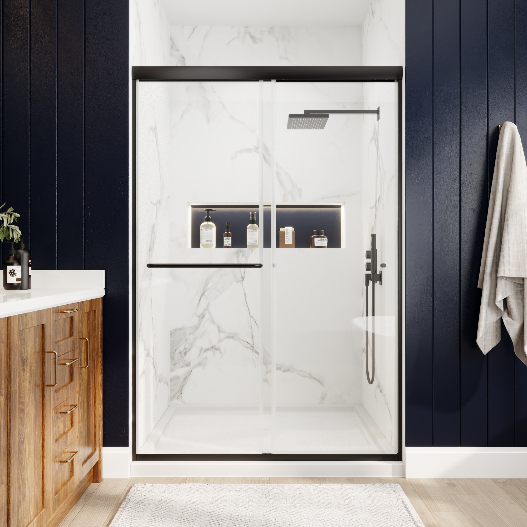 AAZJ HS Sliding Shower Door Matte Black 44-in to 48-in W x 70-in H Framed Clear Glass Sliding Shower door