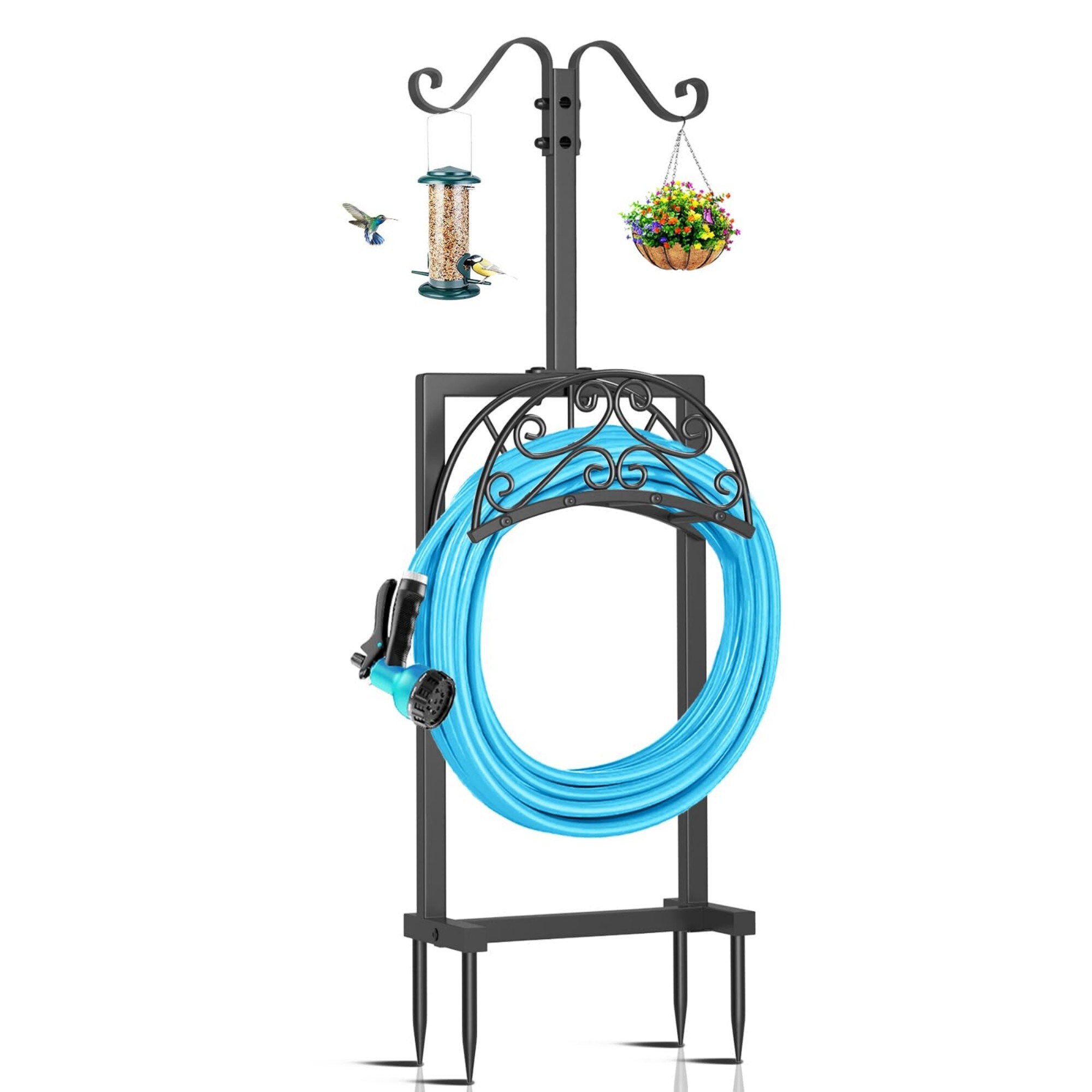 Wudkey Upgraded 4 Spikes Heavy Duty Water Hose Stand with Shepherds Hooks