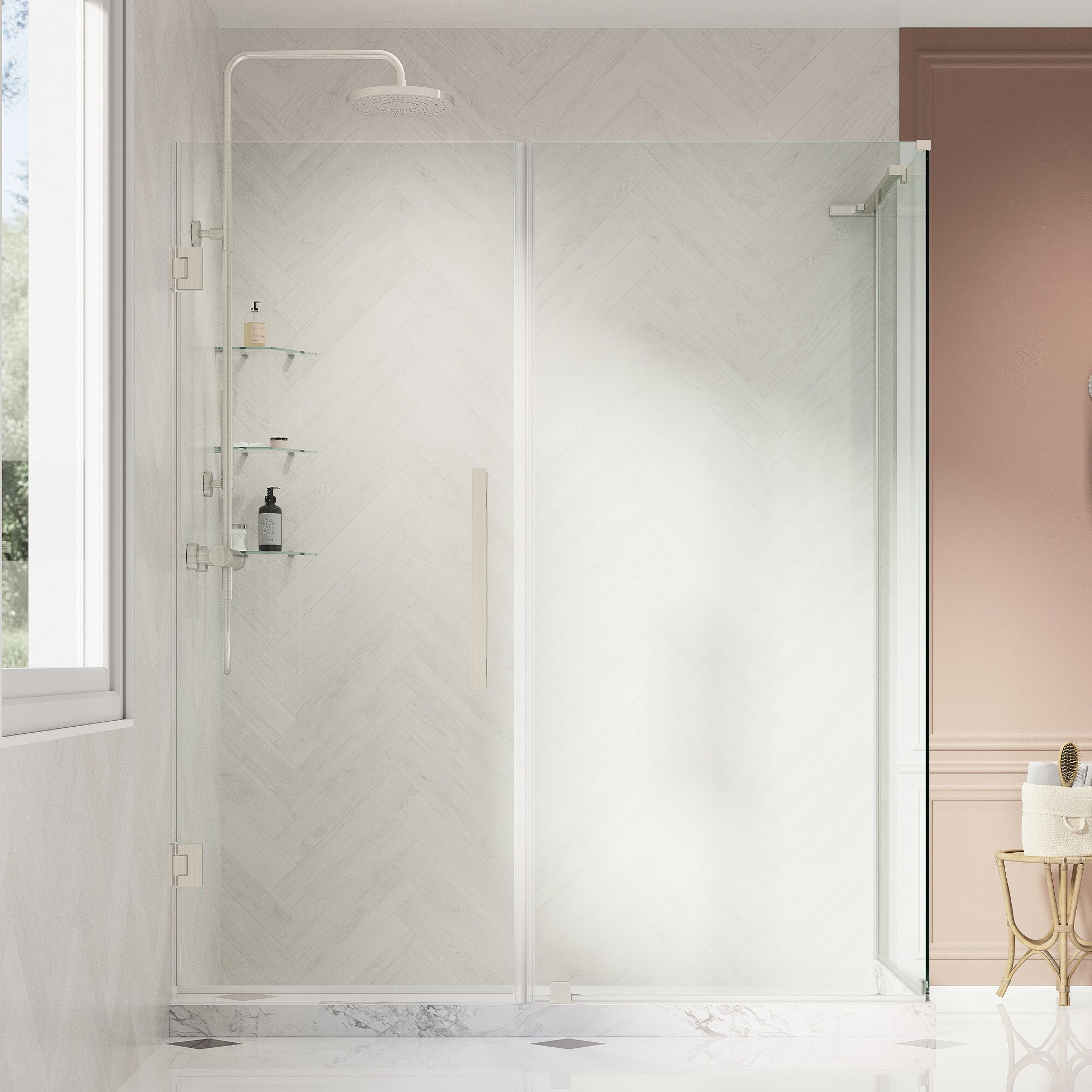 OVE Decors 828796067973 Tampa-Pro Satin nickel 57-1/16-in W x 72-in H Frameless Corner Pivot Shower door 5/16-in Thick Clear Glass