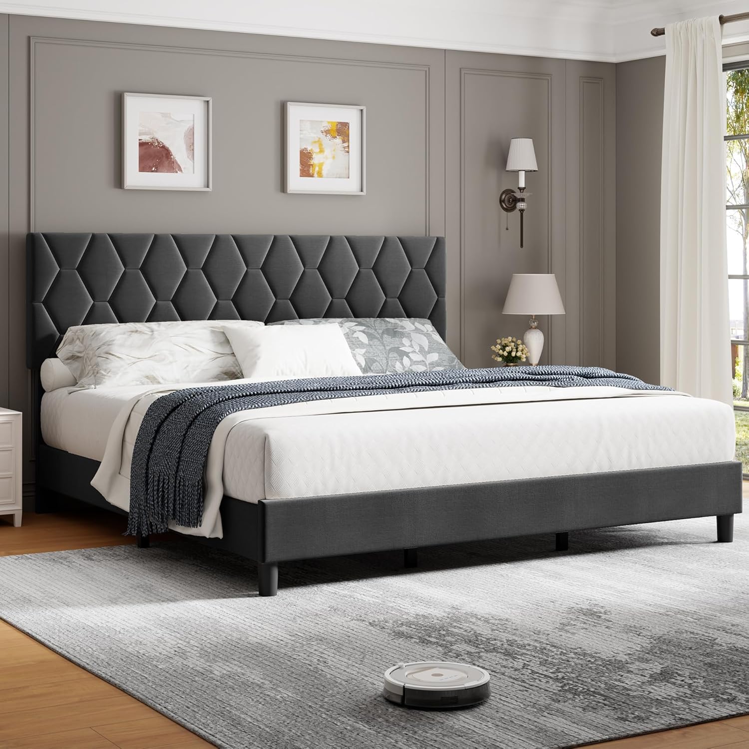 Qeetex LHF-BED-PHO-10JWHW94 Grey Queen Bed Frame with Upholstered Headboard Heavy-Duty Platform Bed Frame with Strong Wood Slats No Box Spring Needed/Noise Free/Easy Assembly