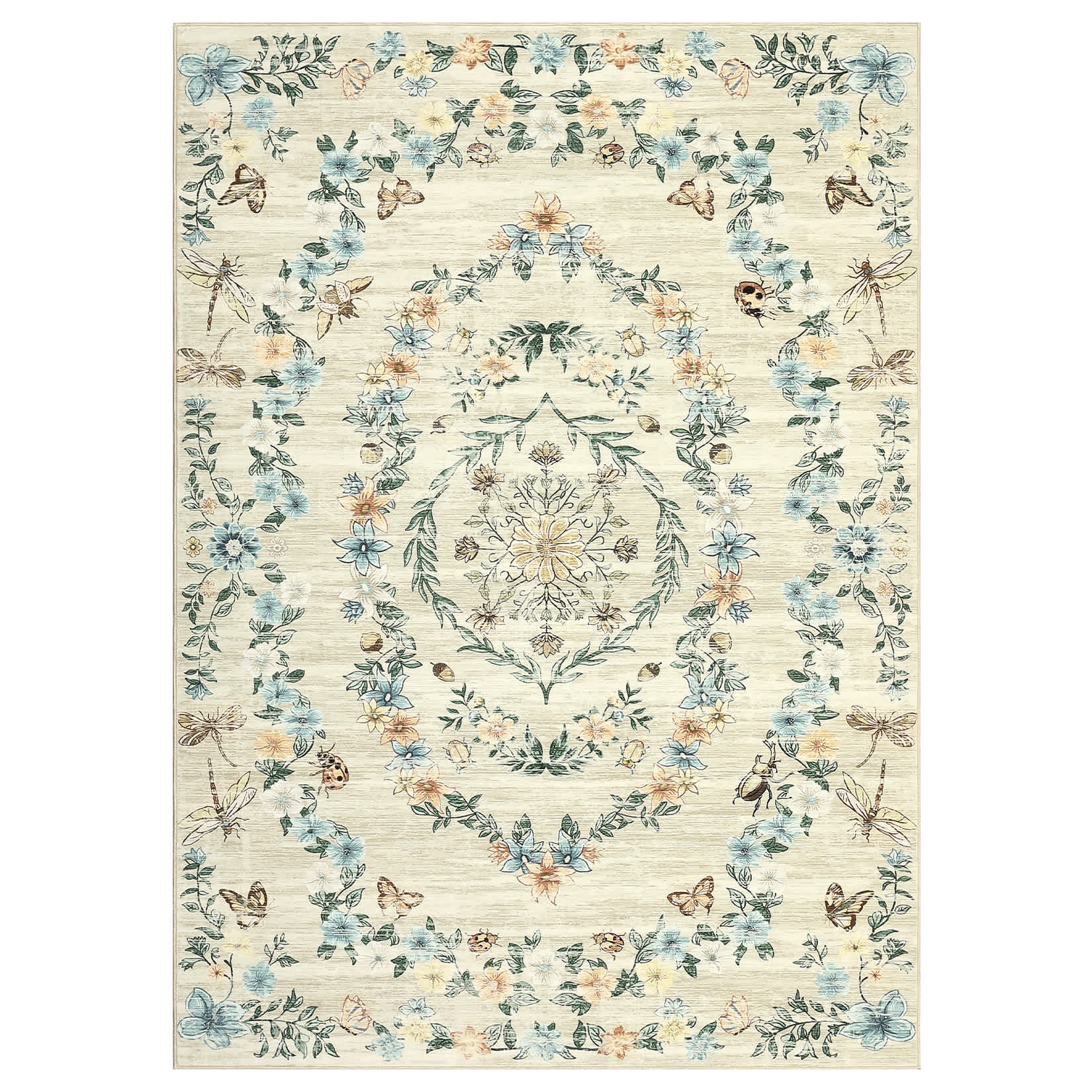 Qeetex LSN-PHK-34BN346D 8 x 10 ft Polyester Brown Rectangular Hallway Bathroom Entryway Kitchen Office Foldable Flower Printed Washable Area Rug