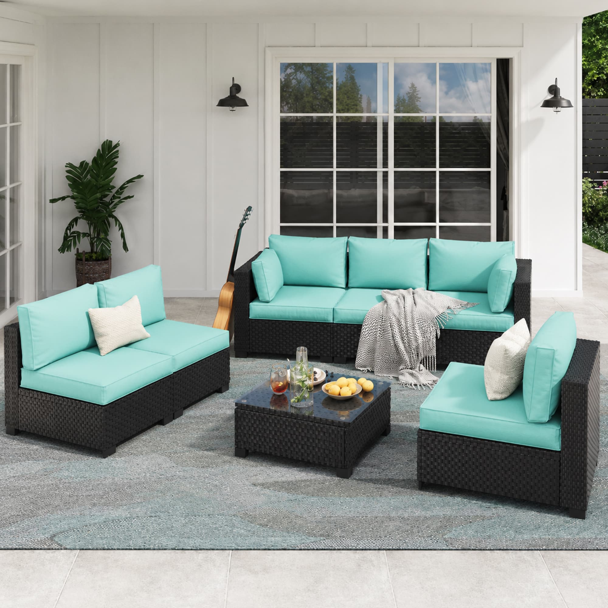 HYALON 7-Piece Rattan Wicker Outdoor Patio Conversation Sofa Seating Set with Coffee Table and Green Cushions and Sofa Cover